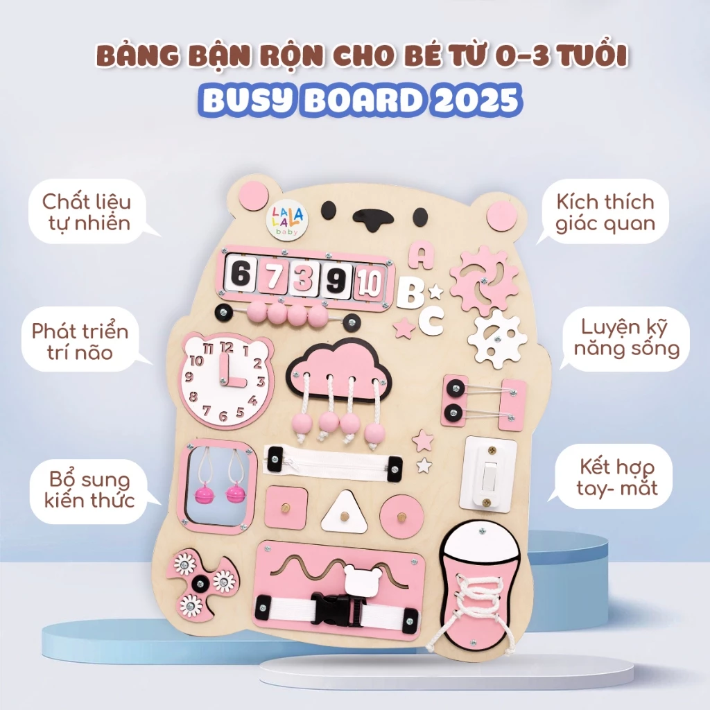 Bảng bận rộn Busy board MỚI 2024 rèn luyện vận động tinh Lalala baby, kích thước 40x50x5cm
