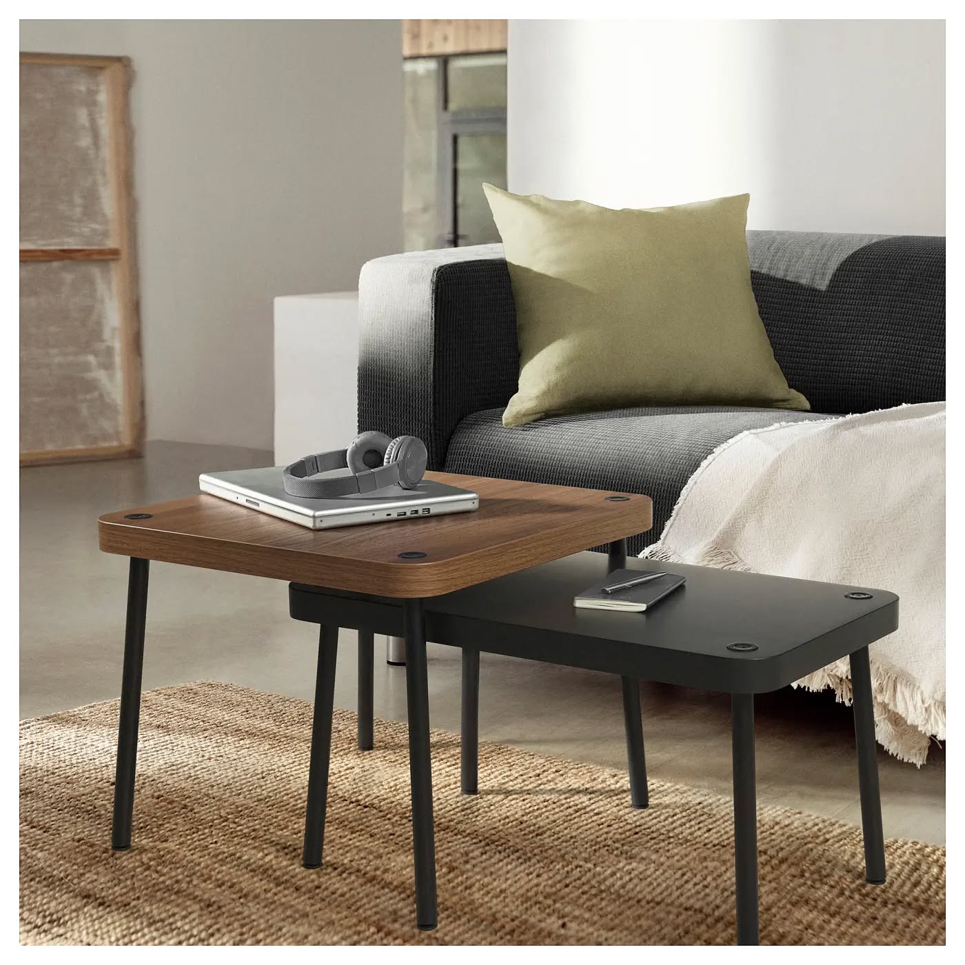 Set 2 bàn SONHULT xám đen/gỗ