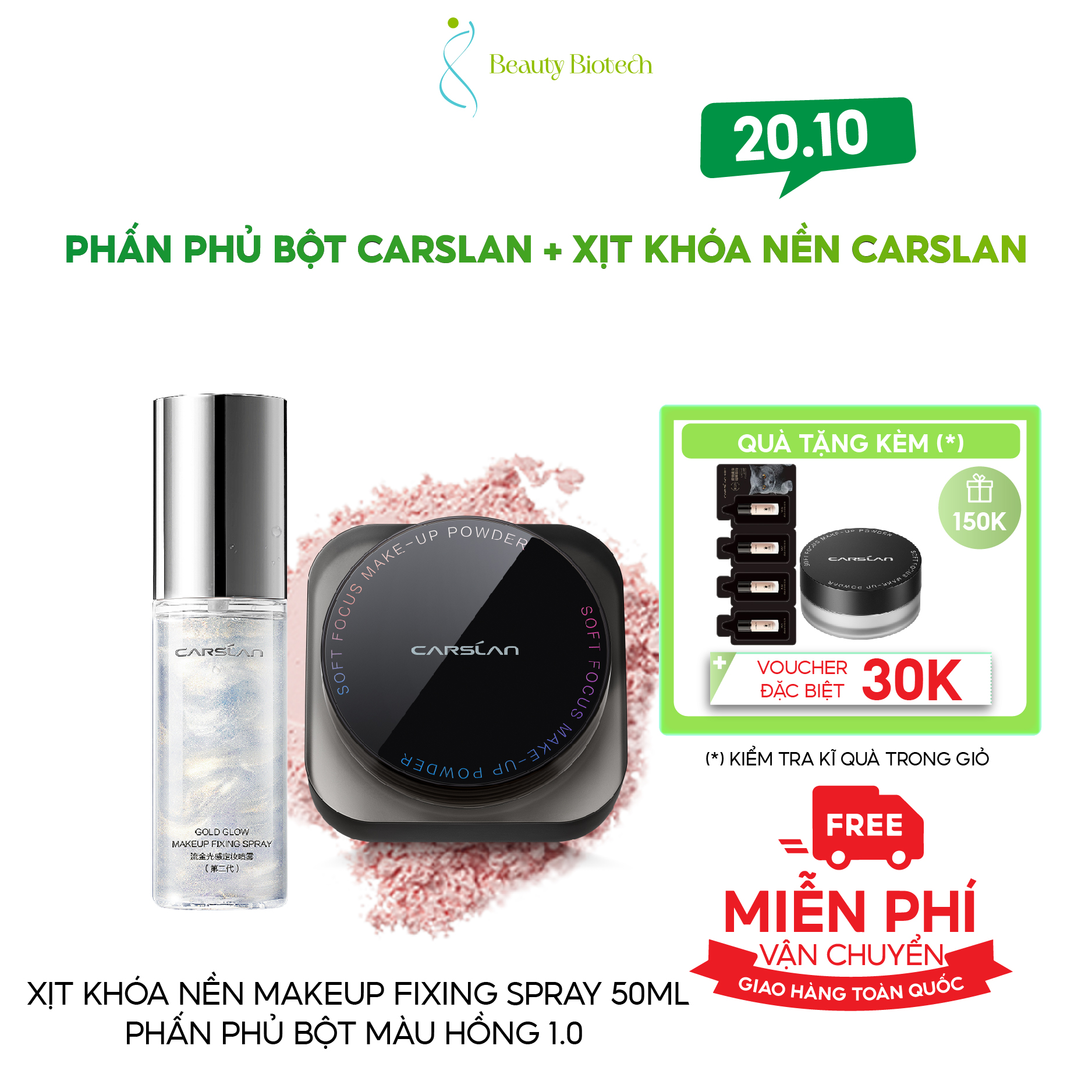 [COMBO CARSLAN] Phấn Phủ Dạng Bột, Kiềm Dầu Carslan Soft Focus Make-up Powder 8g + Xịt Khóa Nền Makeup Fixing Spray 50ml