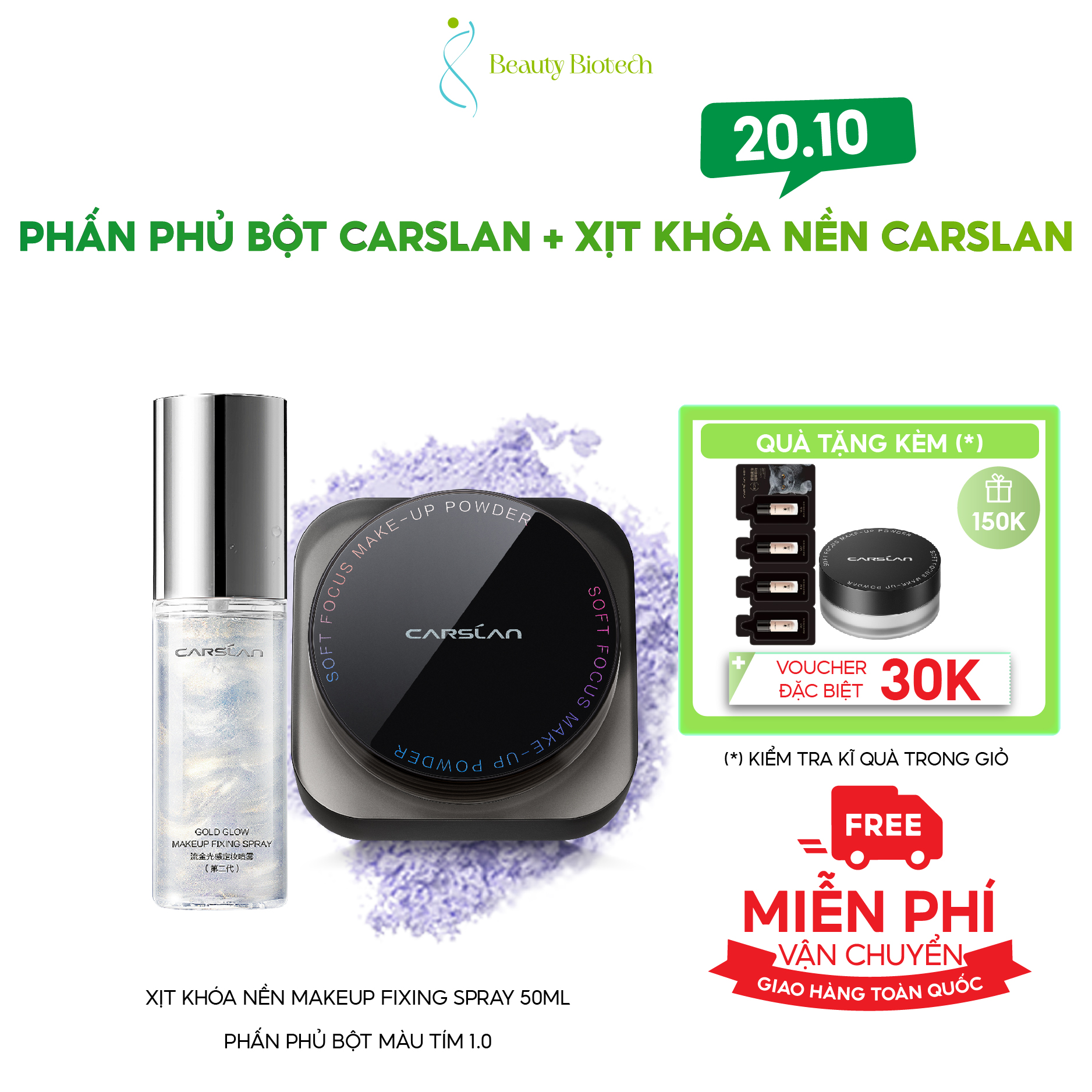 [COMBO CARSLAN] Phấn Phủ Dạng Bột, Kiềm Dầu Carslan Soft Focus Make-up Powder 8g + Xịt Khóa Nền Makeup Fixing Spray 50ml