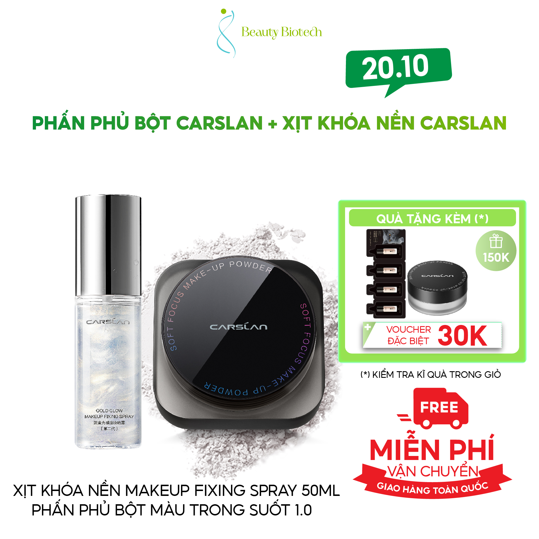 [COMBO CARSLAN] Phấn Phủ Dạng Bột, Kiềm Dầu Carslan Soft Focus Make-up Powder 8g + Xịt Khóa Nền Makeup Fixing Spray 50ml