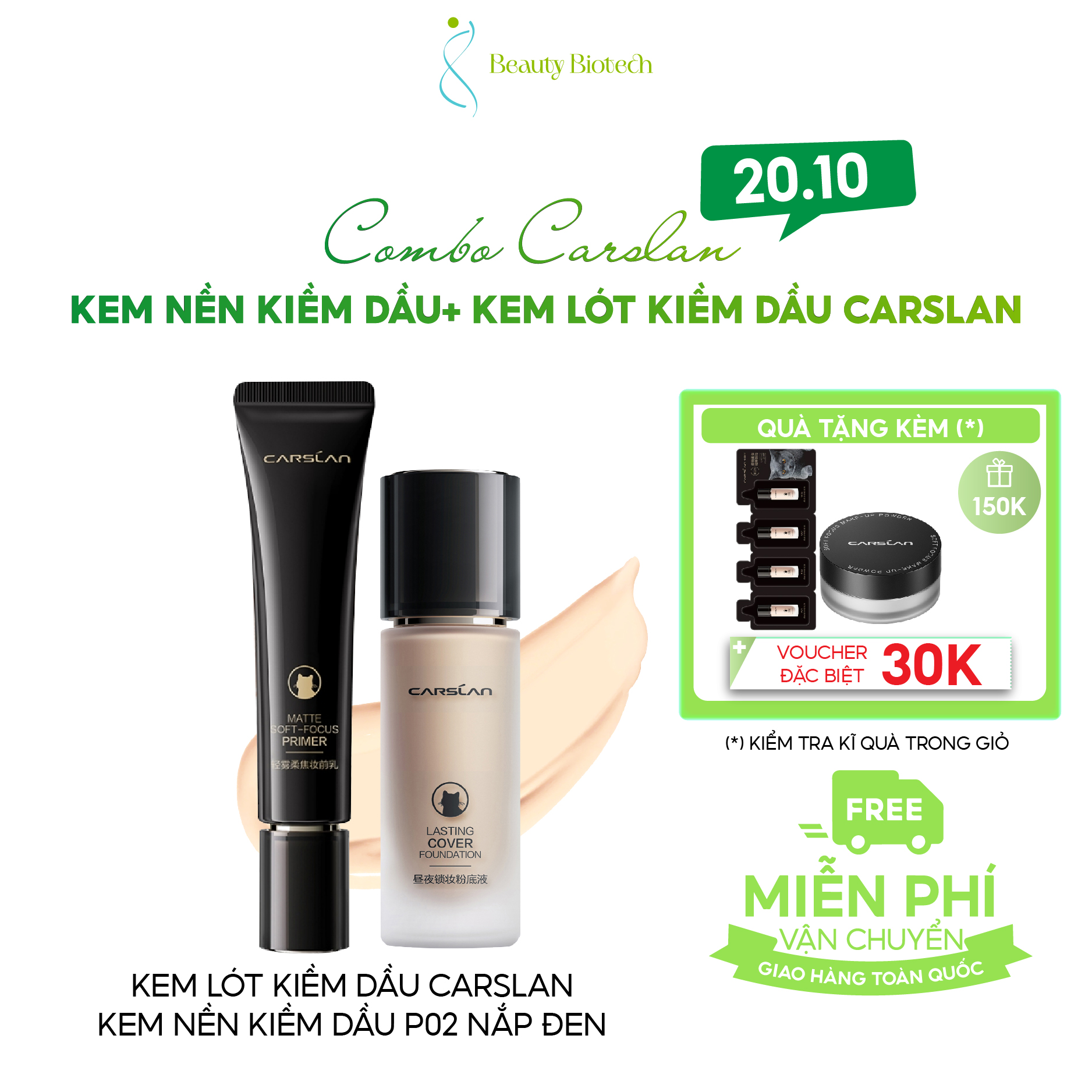 [COMBO CARSLAN]Combo Kiềm Dầu Carslan Kem Lót Carslan Tuýp Đen + Kem Nền Carslan Nắp Đen