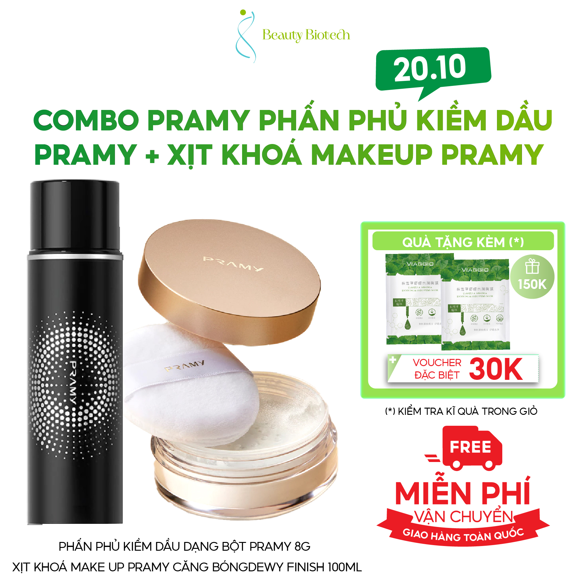 [COMBO PRAMY] Phấn Phủ Kiềm Dầu Dạng Bột Pramy 8g + Xịt Khoá Makeup Pramy Cấp Ẩm Căng Bóng 100ml