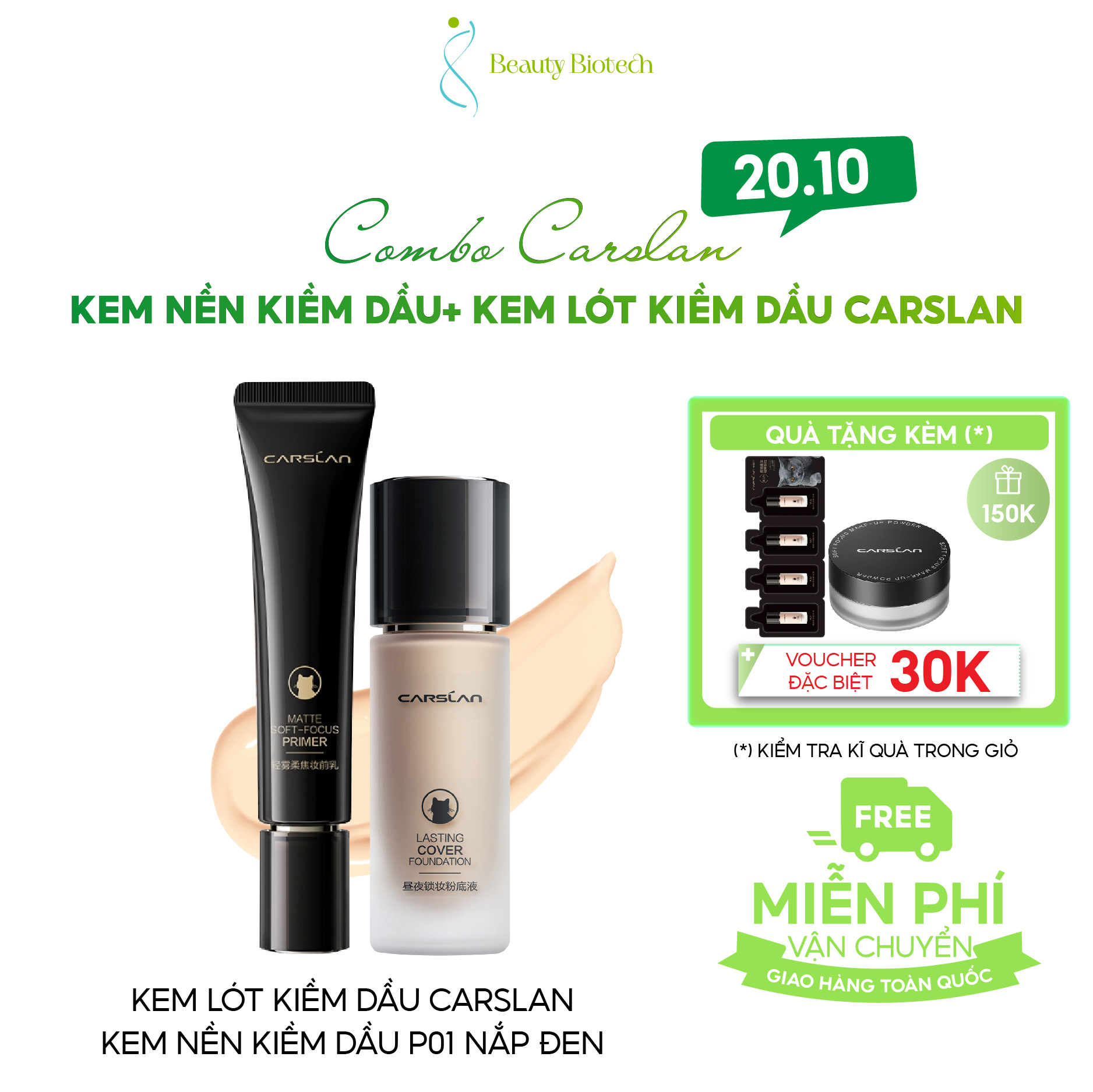 [COMBO CARSLAN]Combo Kiềm Dầu Carslan Kem Lót Carslan Tuýp Đen + Kem Nền Carslan Nắp Đen