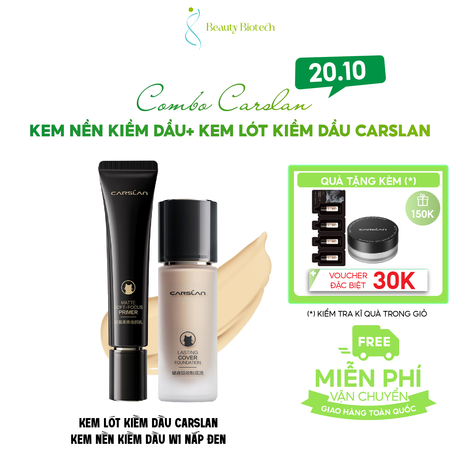 [COMBO CARSLAN]Combo Kiềm Dầu Carslan Kem Lót Carslan Tuýp Đen + Kem Nền Carslan Nắp Đen