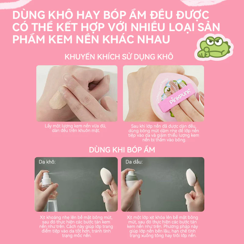 Bông Phấn Trang Điểm Pinkpunk Ếch Xanh 2in1 – Mềm Mịn, Ăn Phấn, Kèm Hộp Bảo Quản Chống Ẩm Mốc