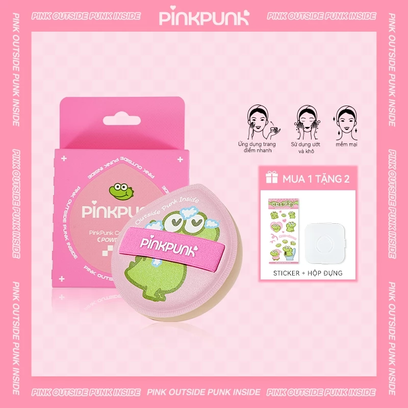 Bông Phấn Trang Điểm Pinkpunk Ếch Xanh 2in1 – Mềm Mịn, Ăn Phấn, Kèm Hộp Bảo Quản Chống Ẩm Mốc