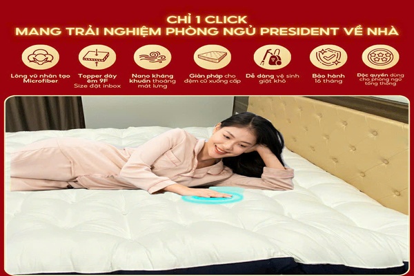 Nệm Topper Lông Vũ Microfiber Phòng Tổng Thống President DADA Êm Bền Mềm Mịn - Nhiều Size Dày 9cm