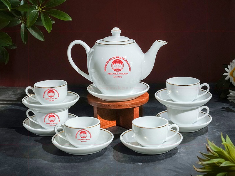 Bộ ấm trà sứ trắng in logo