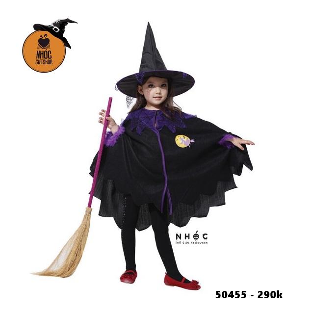 Áo choàng halloween phù thủy nỉ cổ lưới nhện combo nón - 29001