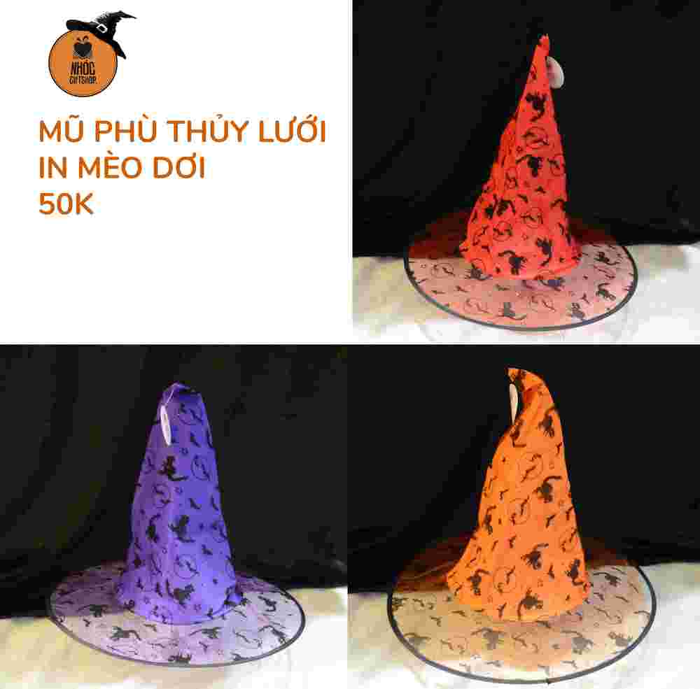 Mũ phù thủy lưới in mèo dơi - 5001