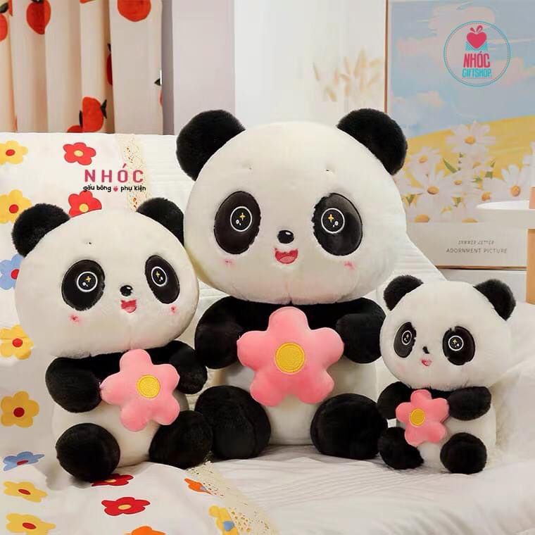 Thú bông Gấu Panda lông xù cầm hoa ngồi