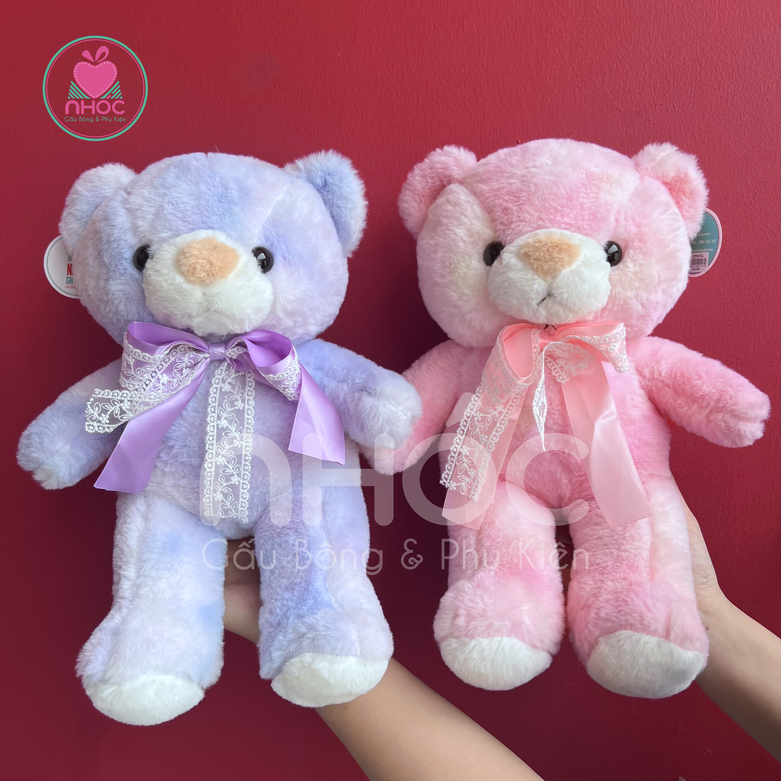 Gấu teddy đeo nơ ren lông xù