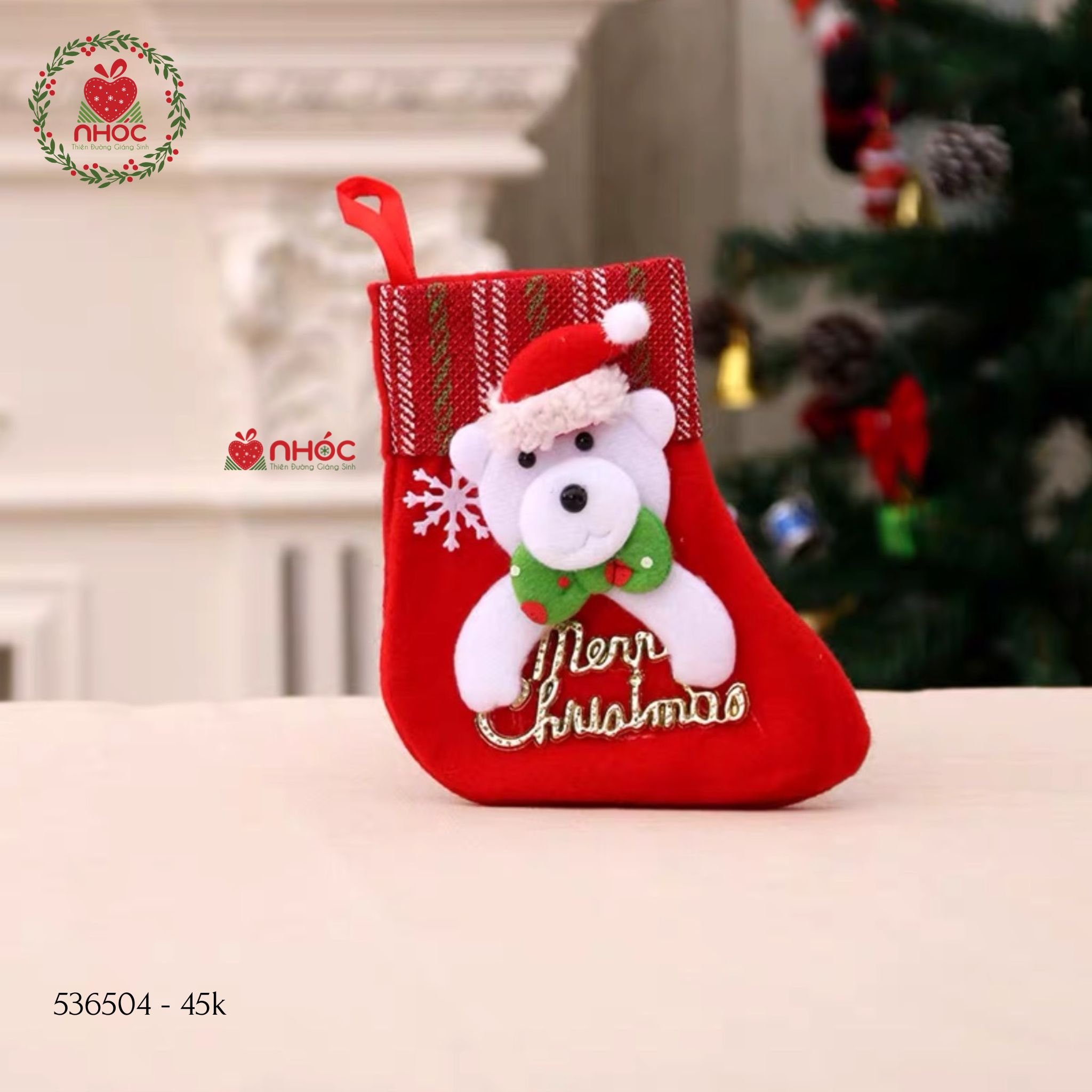 Tất Noel ống sọc Merry Christmas gấu - 1545