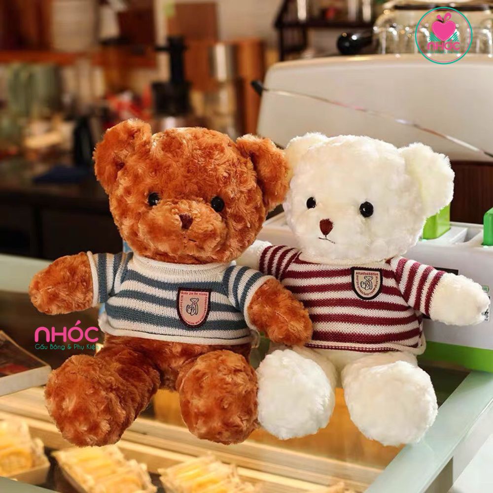 Gấu teddy áo len sọc trắng xanh lông xoắn