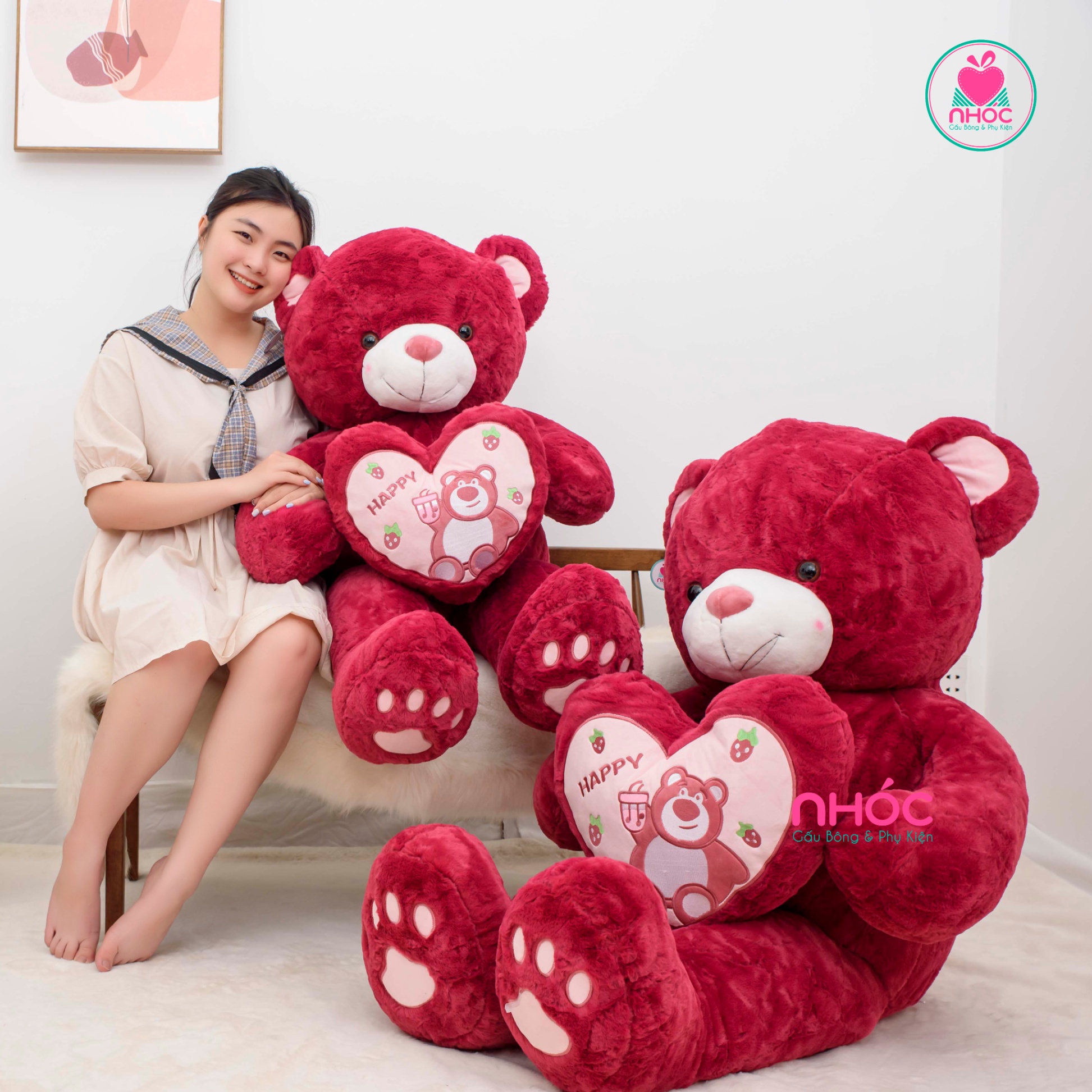 Gấu teddy ôm tim thêu gấu lông xù