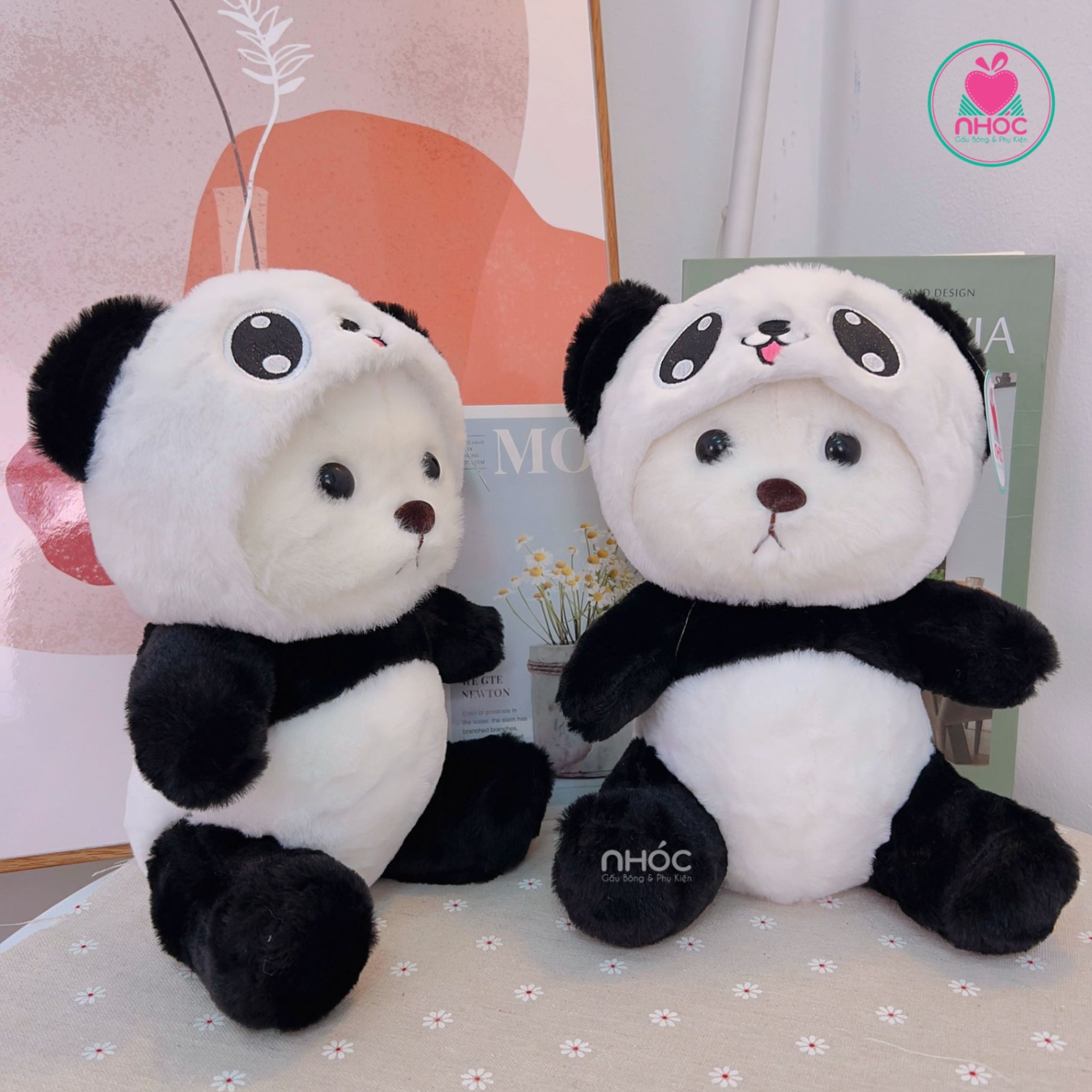 Thú bông Gấu Lena teddy đội nón Panda lông xù - Trắng đen - 30160