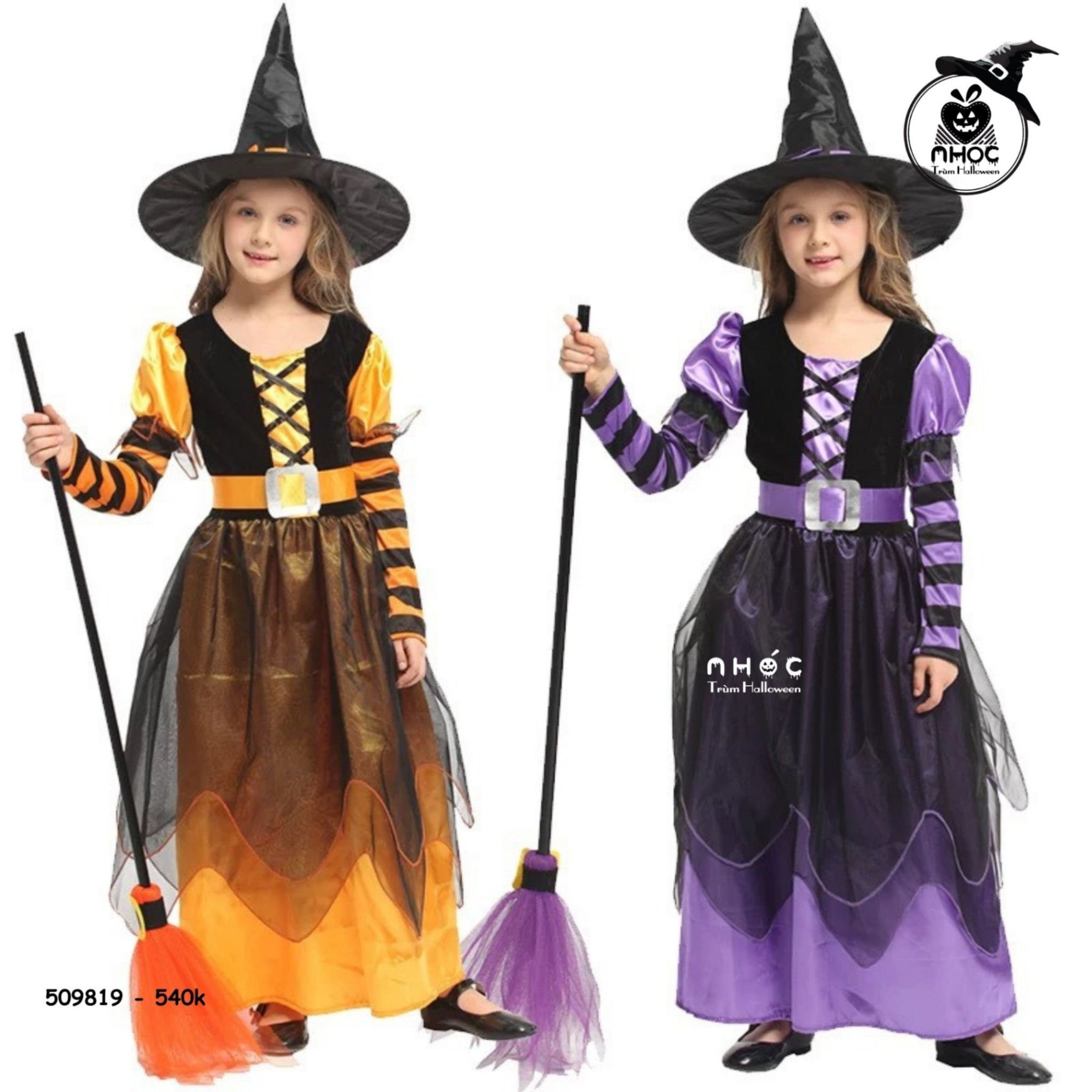 Đầm halloween phù thủy vải phi tay sọc váy lưới 2 lớp combo nón - 51001