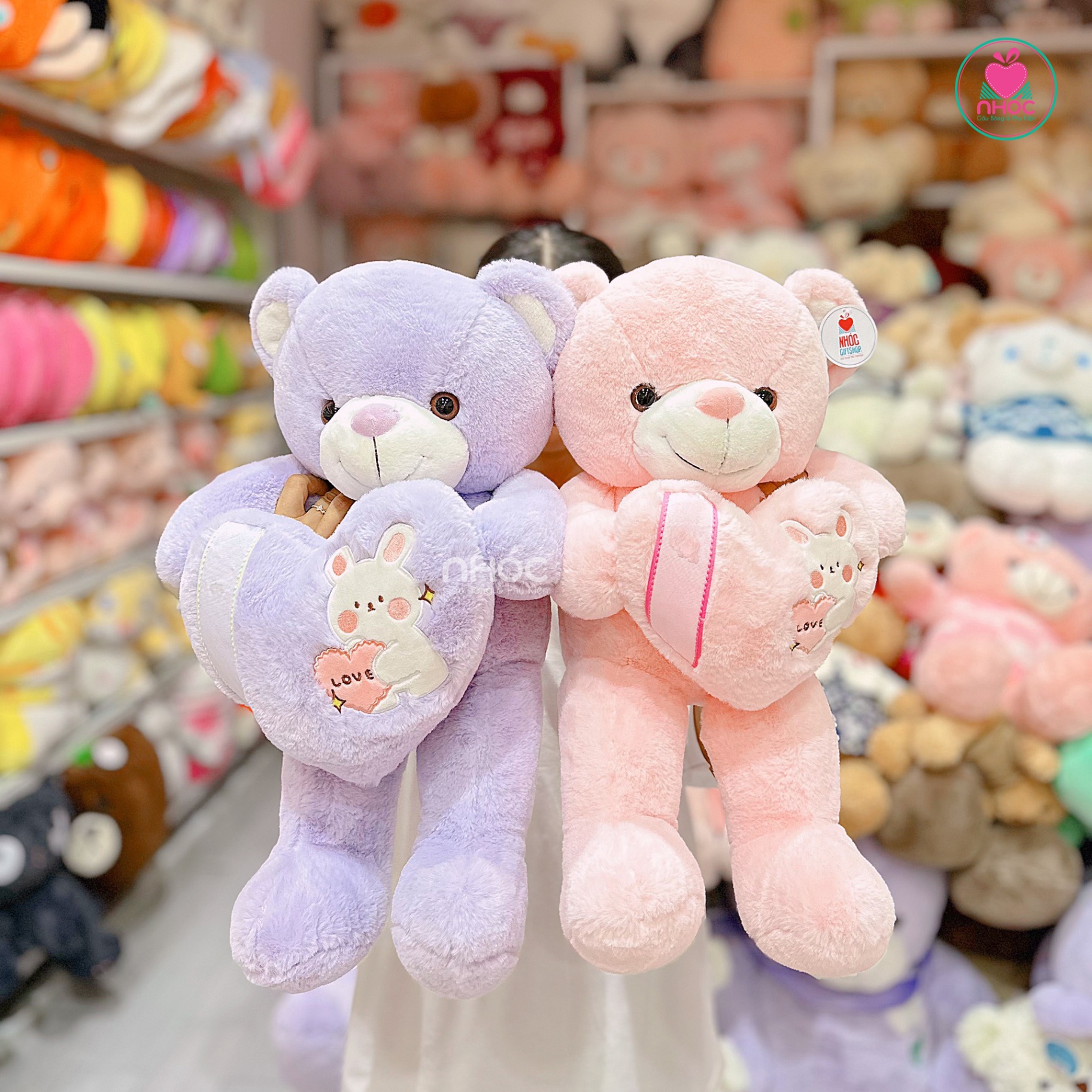 Gấu teddy ôm tim thỏ love lông xù - Tím - 60420