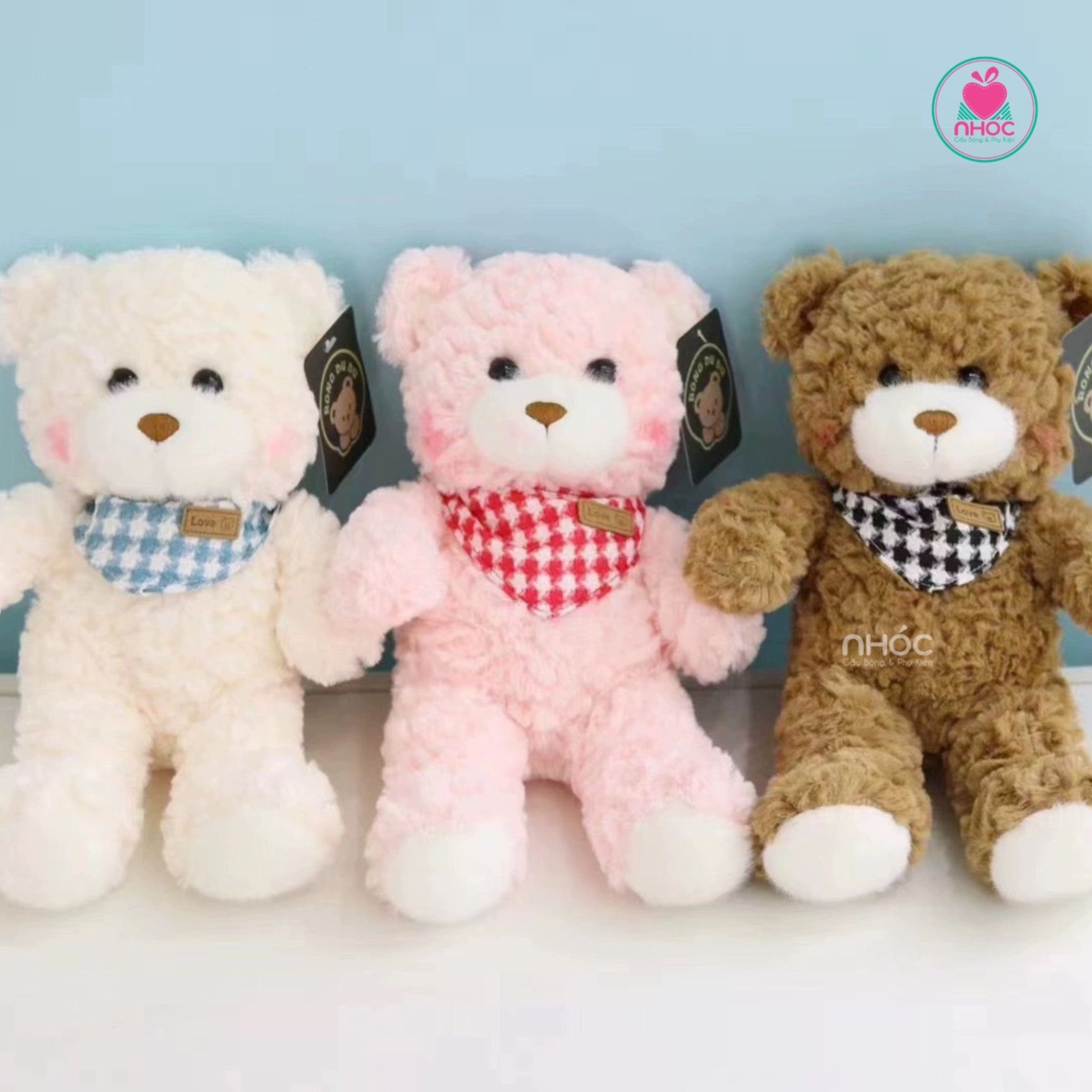 Gấu teddy đeo khăn choàng caro lông xoắn CH