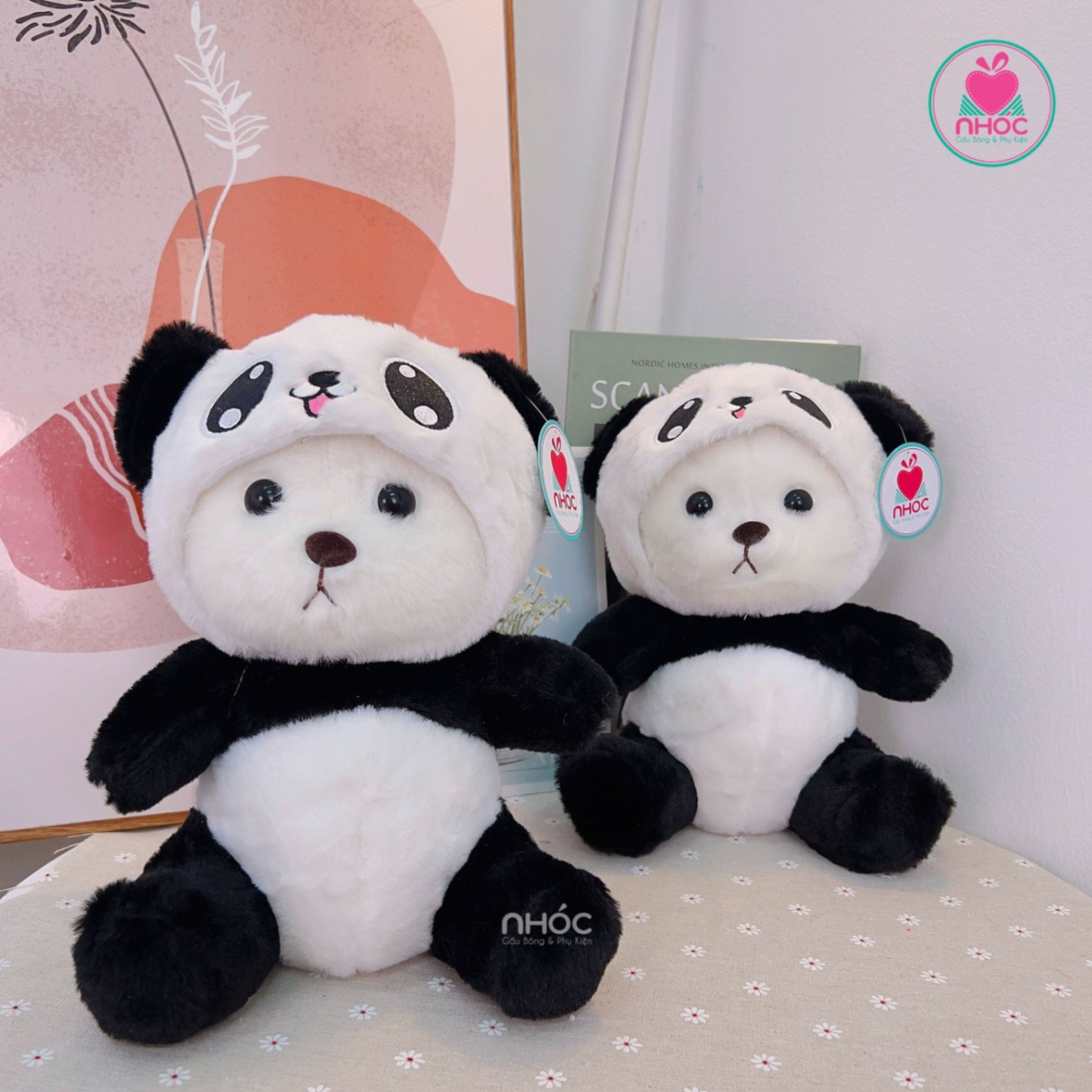 Thú bông Gấu Lena teddy đội nón Panda lông xù - Trắng đen - 20120