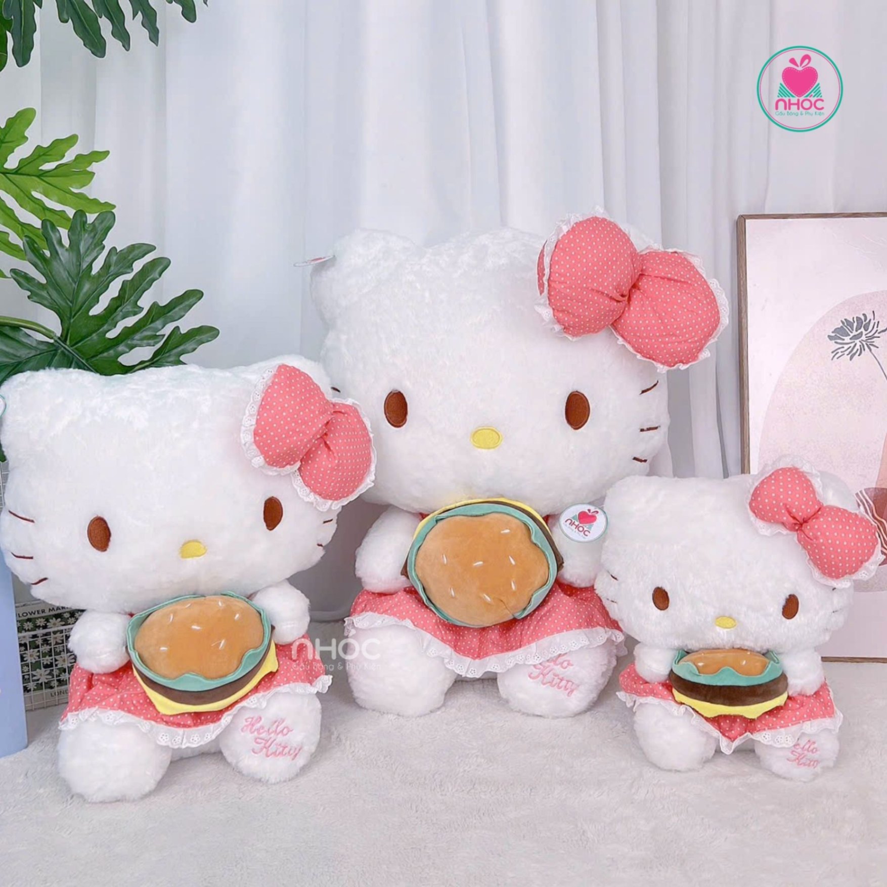 Thú bông Hello kitty ôm hamburger lông xù