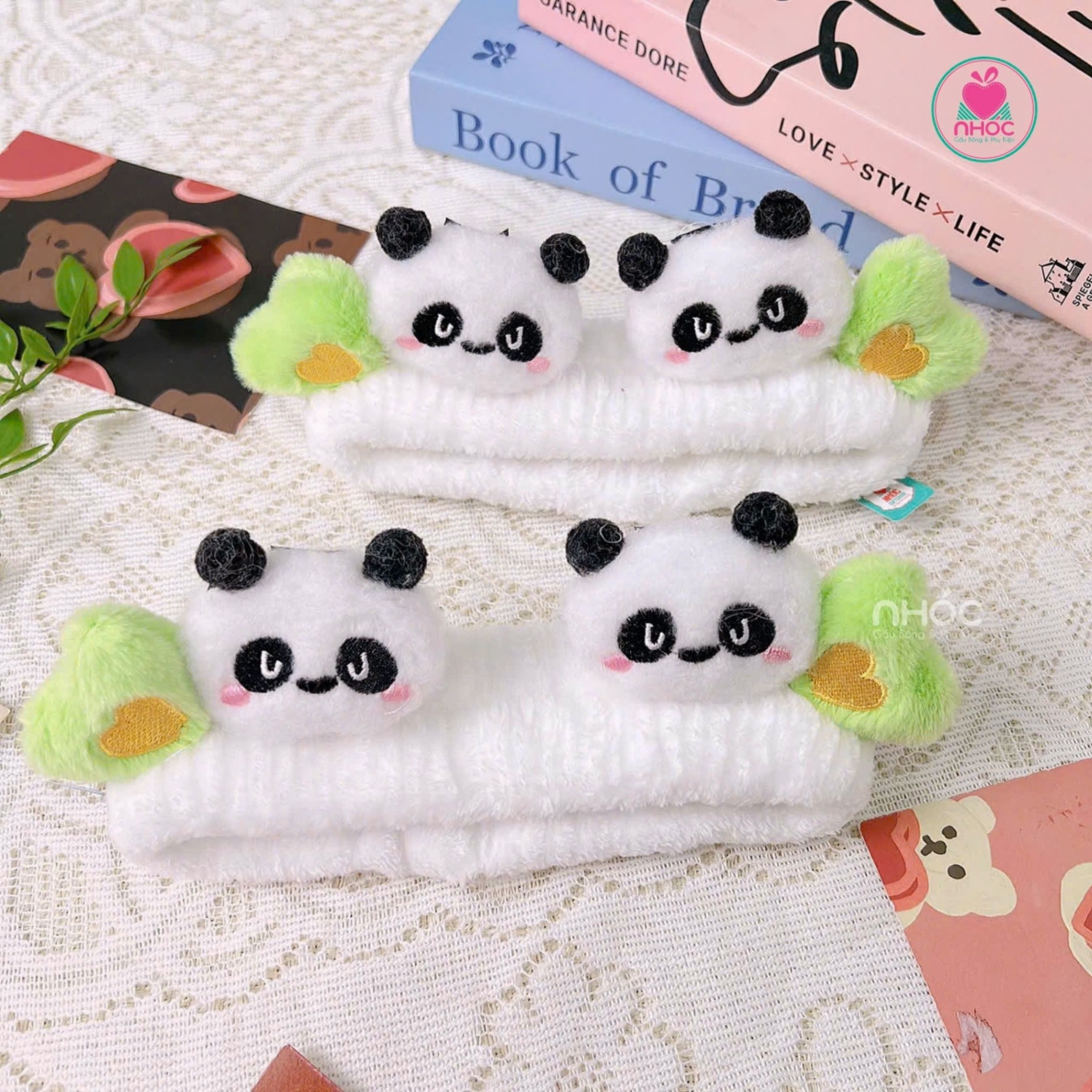 Băng đô vải Panda đính tim - 6001