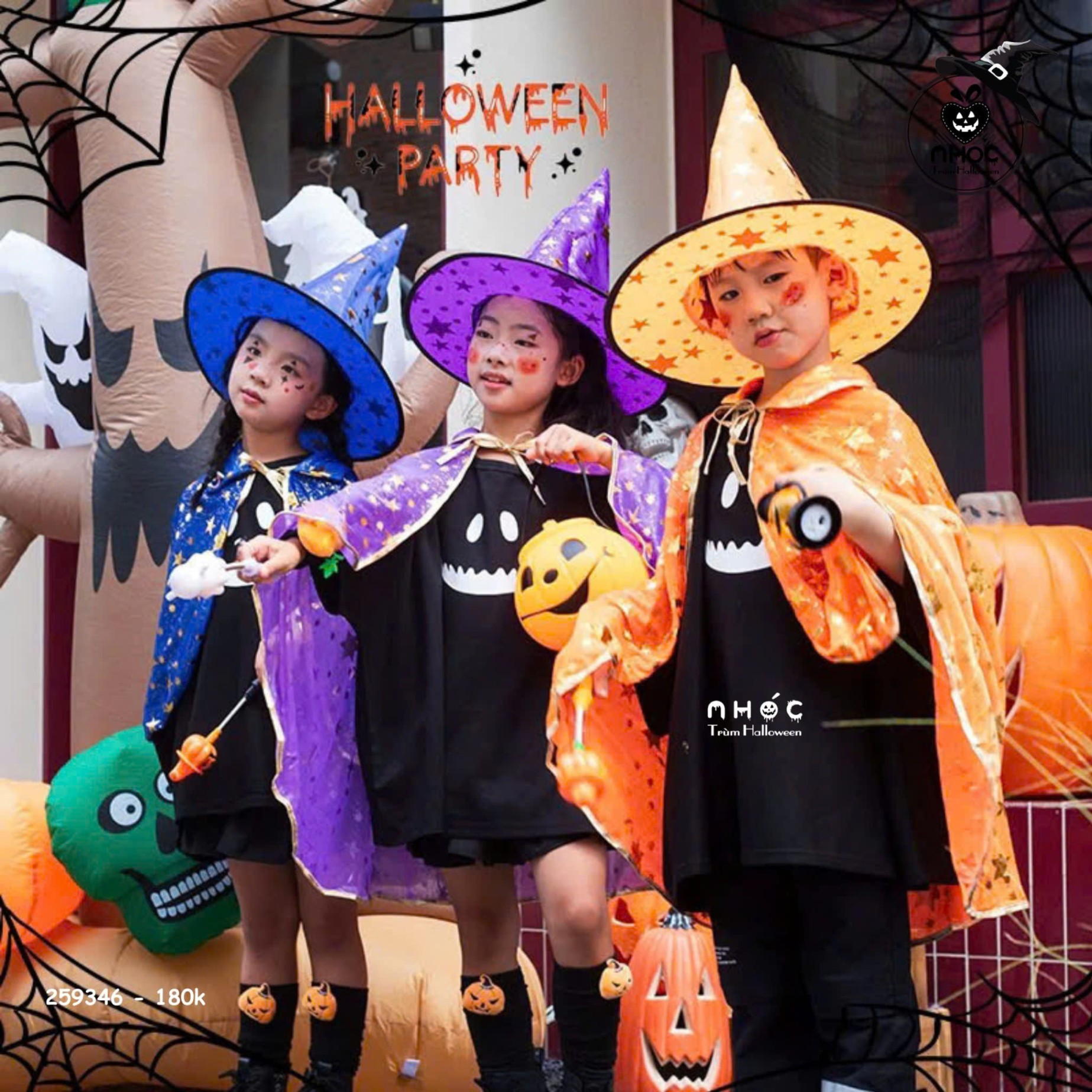 Áo choàng halloween nhũ in phù thủy bí dơi combo nón - 18001