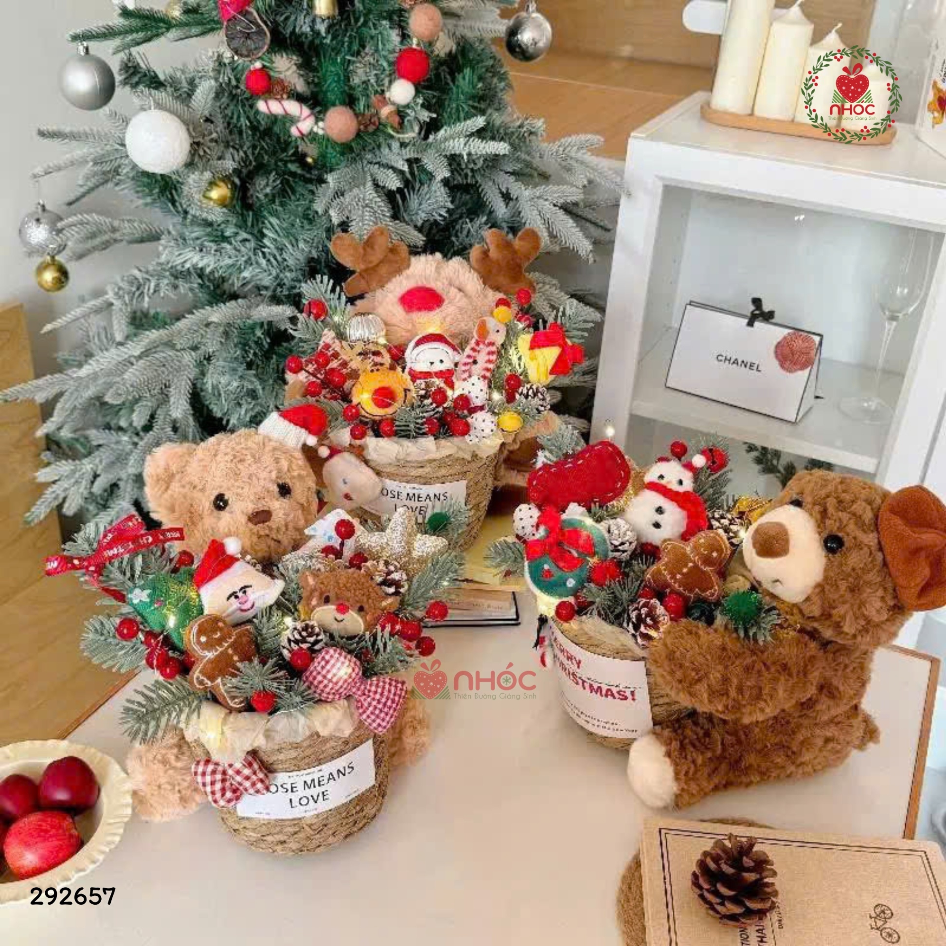 Bó Hoa Bông Noel Teddy ôm Giỏ Hoa Combo Túi đèn