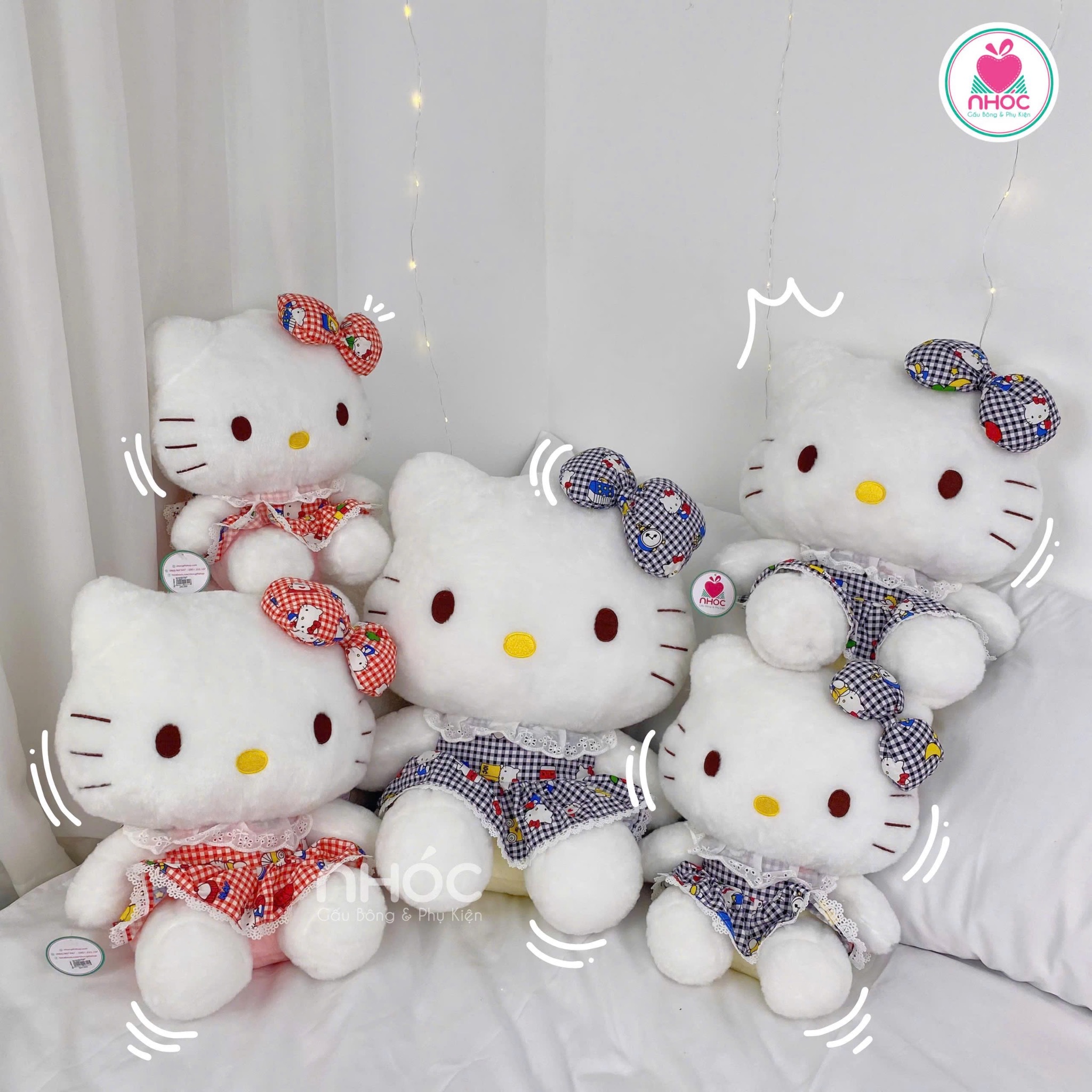 Thú bông Hello kitty mặc đầm caro lông xù ngồi