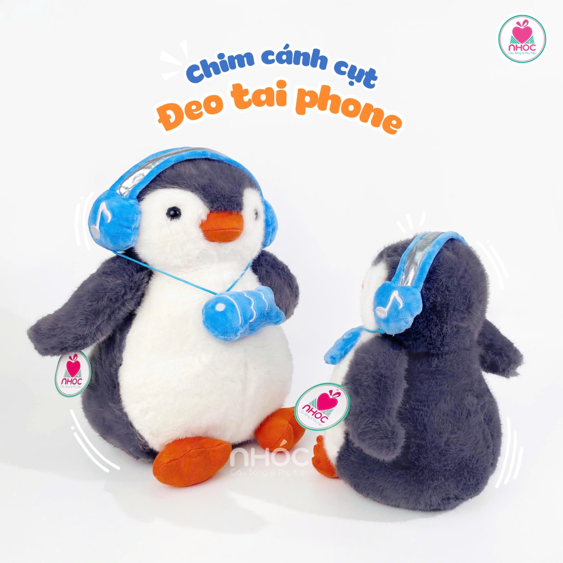 Thú bông Chim cánh cụt đeo tai phone cá