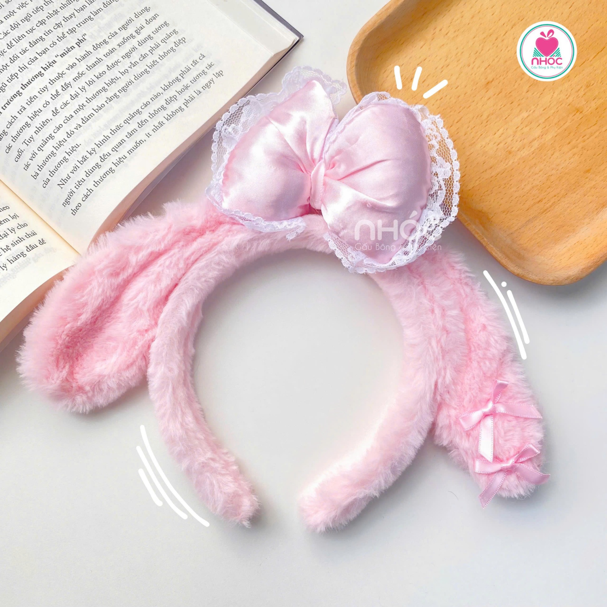 Băng đô kiểu tai thỏ dài đính nơ lông xoắn - Hồng - 015025