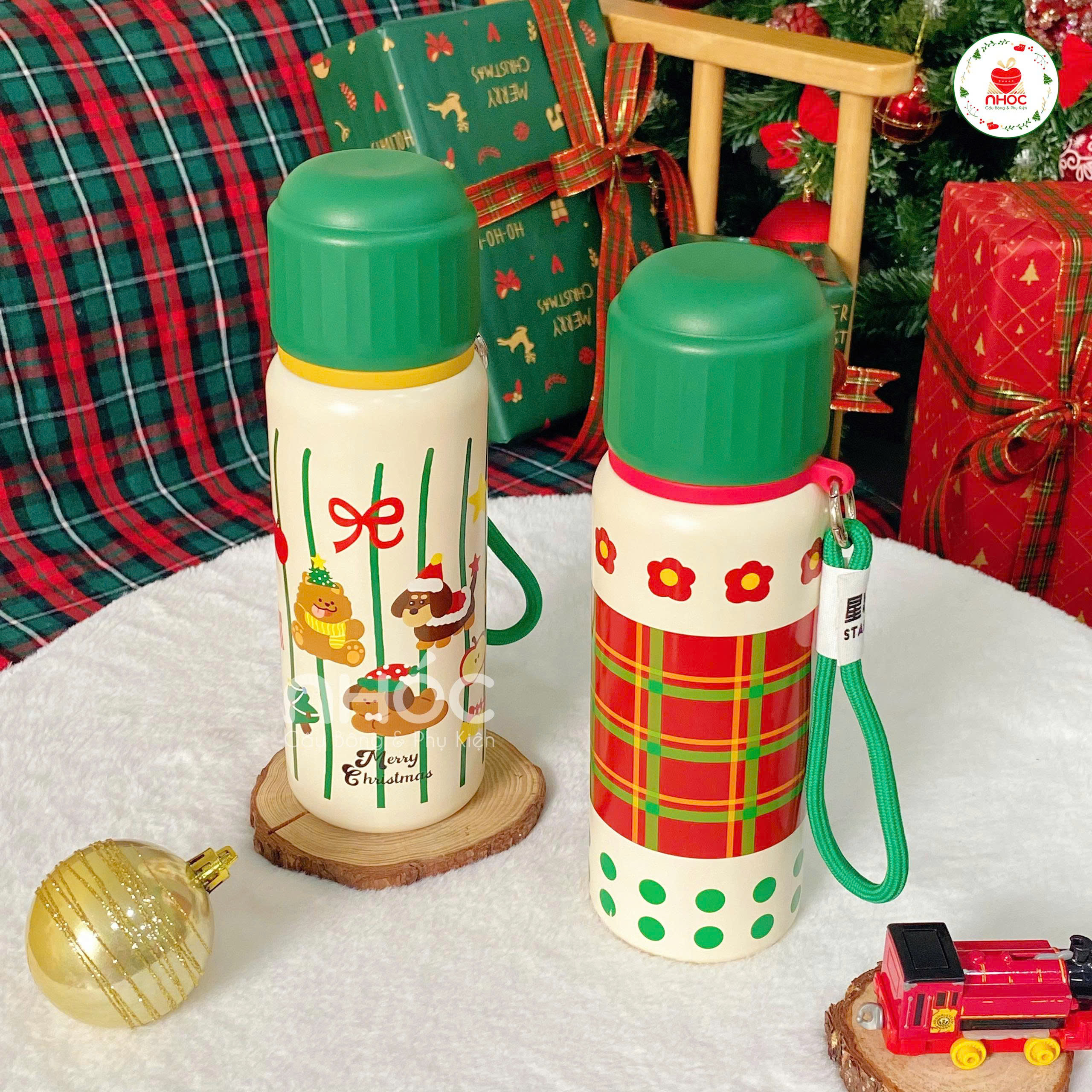 Bình giữ nhiệt Noel kiểu bình thủy kèm móc khóa