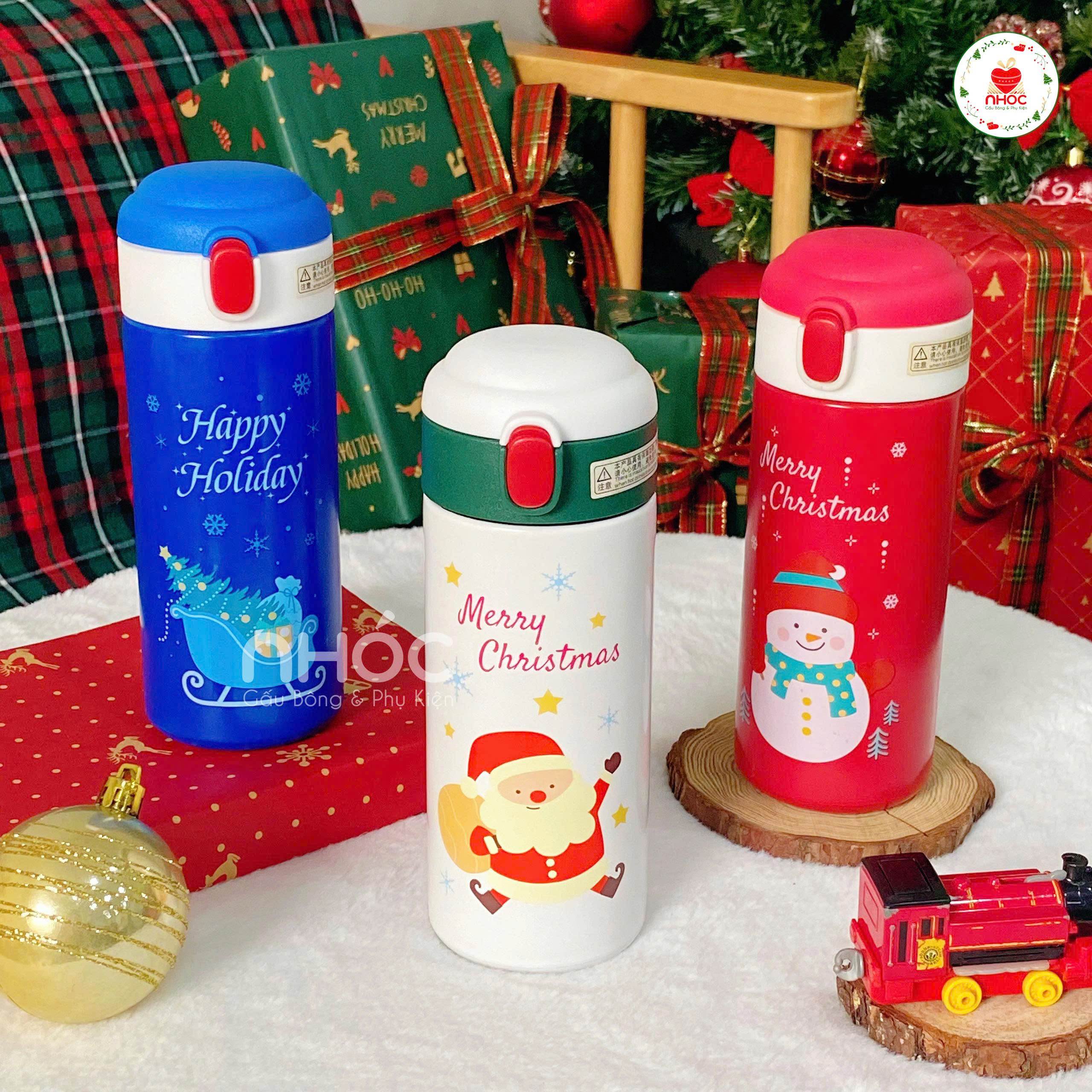 Bình giữ nhiệt Noel nắp bật đỏ