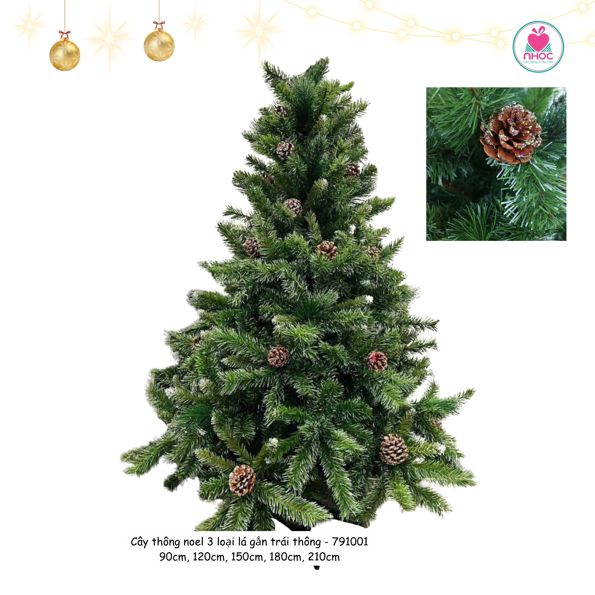 Cây thông noel 3 loại lá gắn trái thông - 4'LP - 3LLQC - 4PC - Xanh - 120720