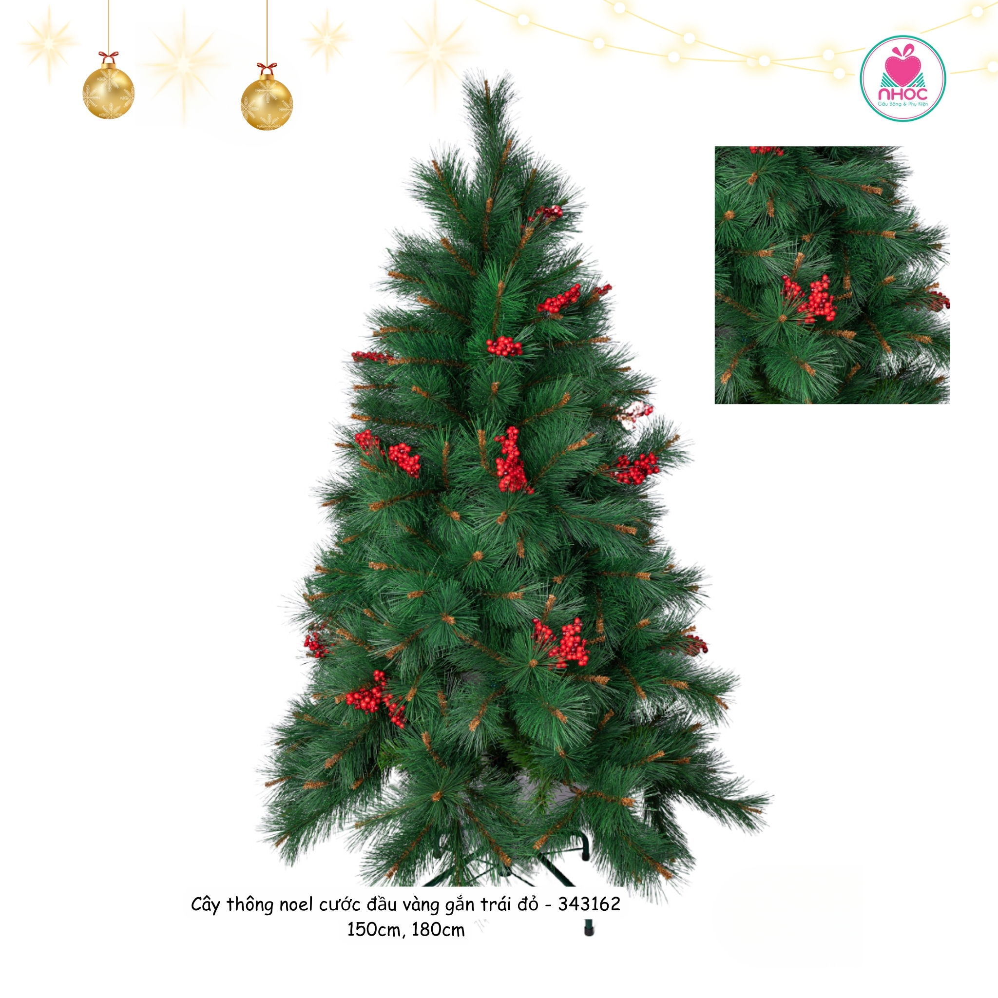 Cây thông noel cước đầu vàng gắn trái đỏ - 6' LP - YHN - 6R - Xanh - 1801880