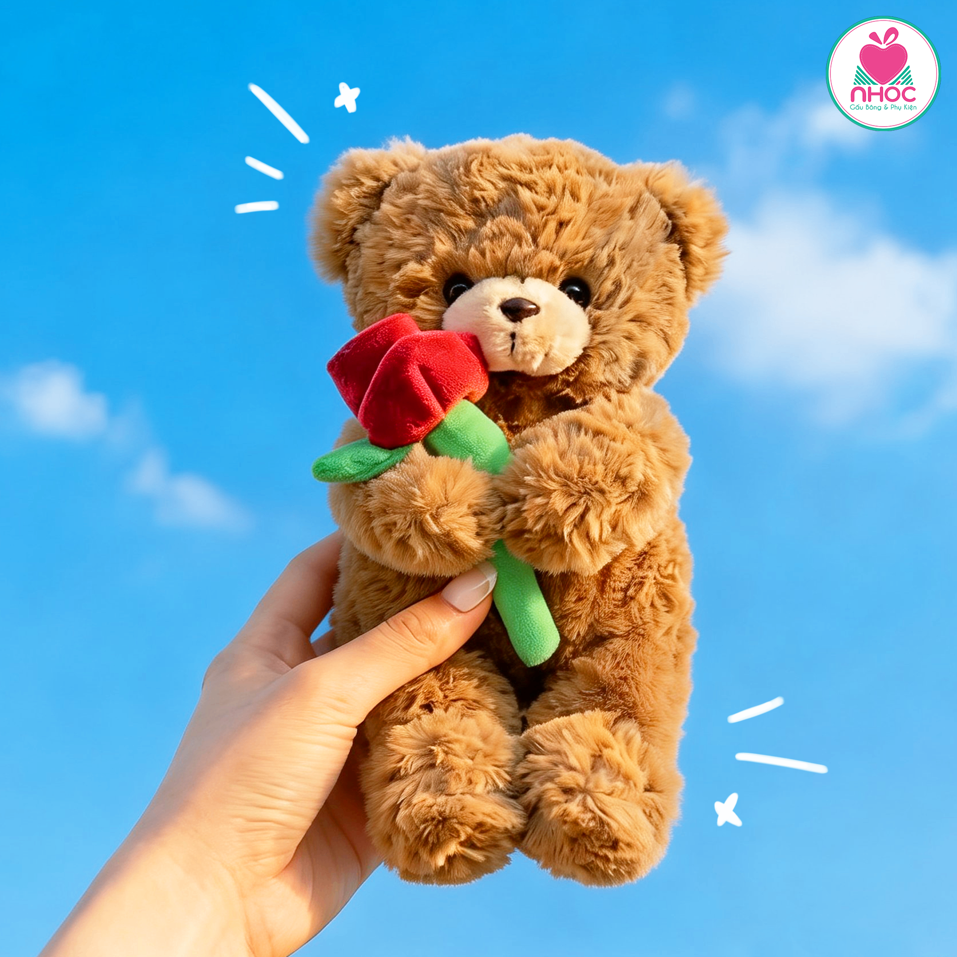 Gấu teddy ôm hoa lông xoắn ngồi - Nâu - 3016026