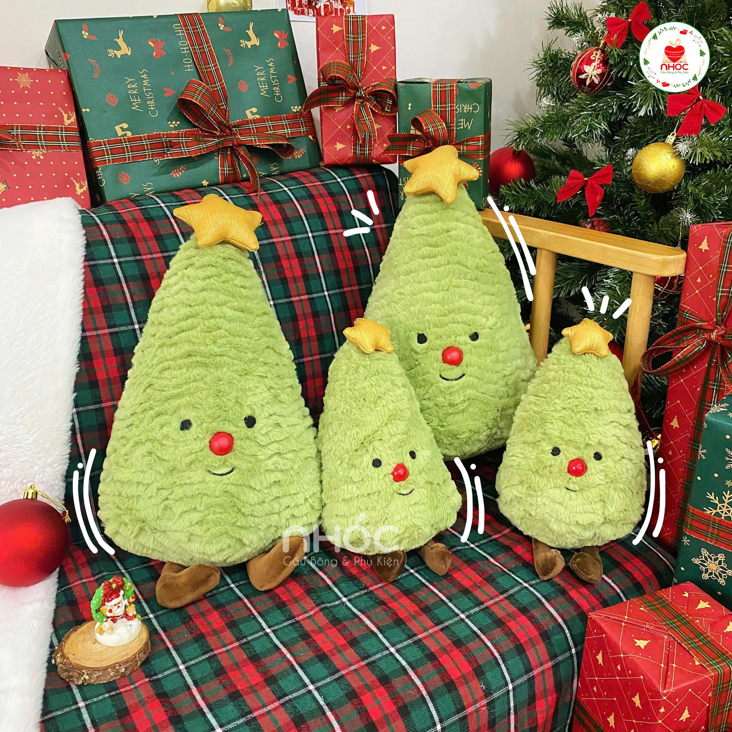 Gối bông Noel cây thông mũi đỏ ngồi lông xù