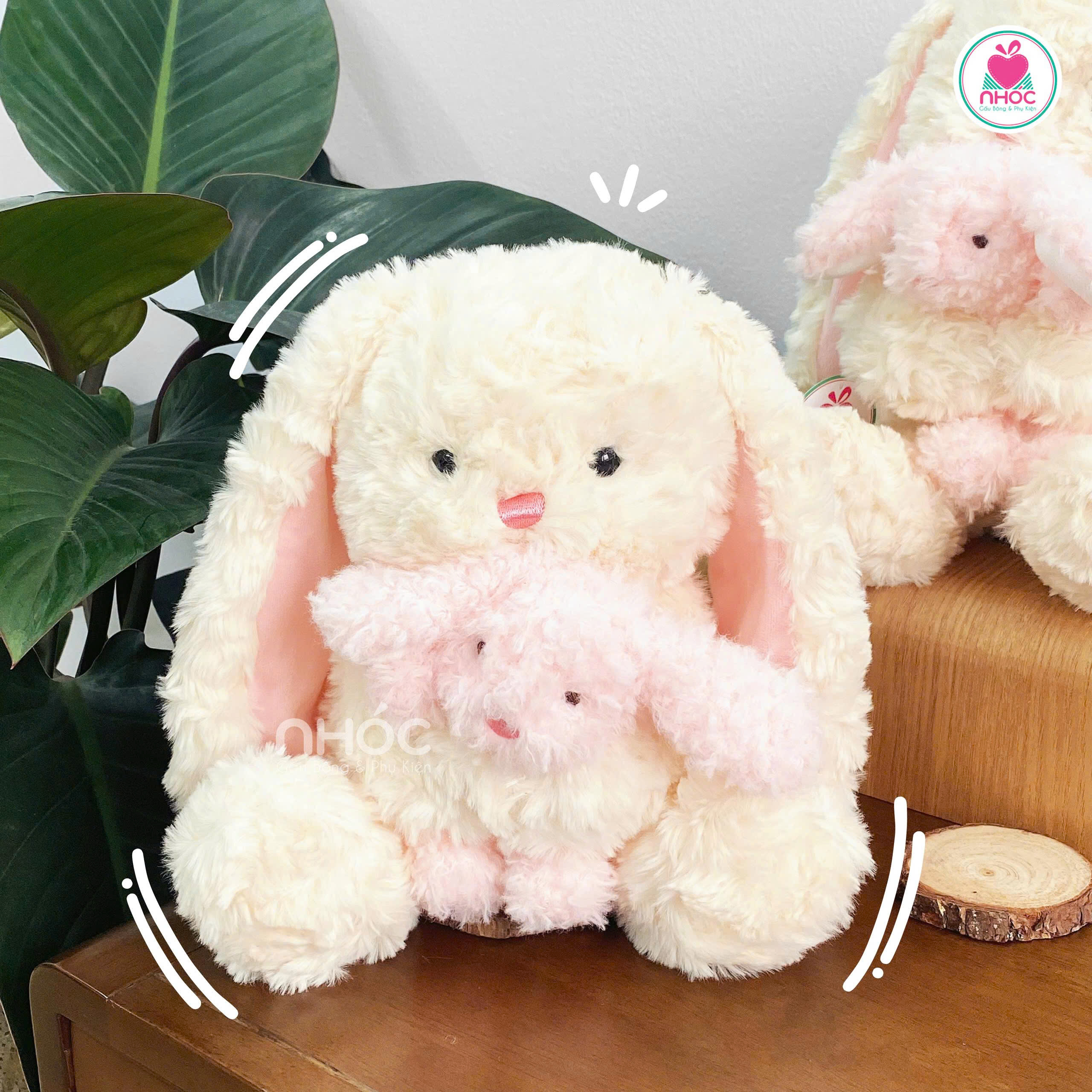 Thú bông Bunny ôm thỏ hồng lông xoắn ngồi - Kem - 3031025