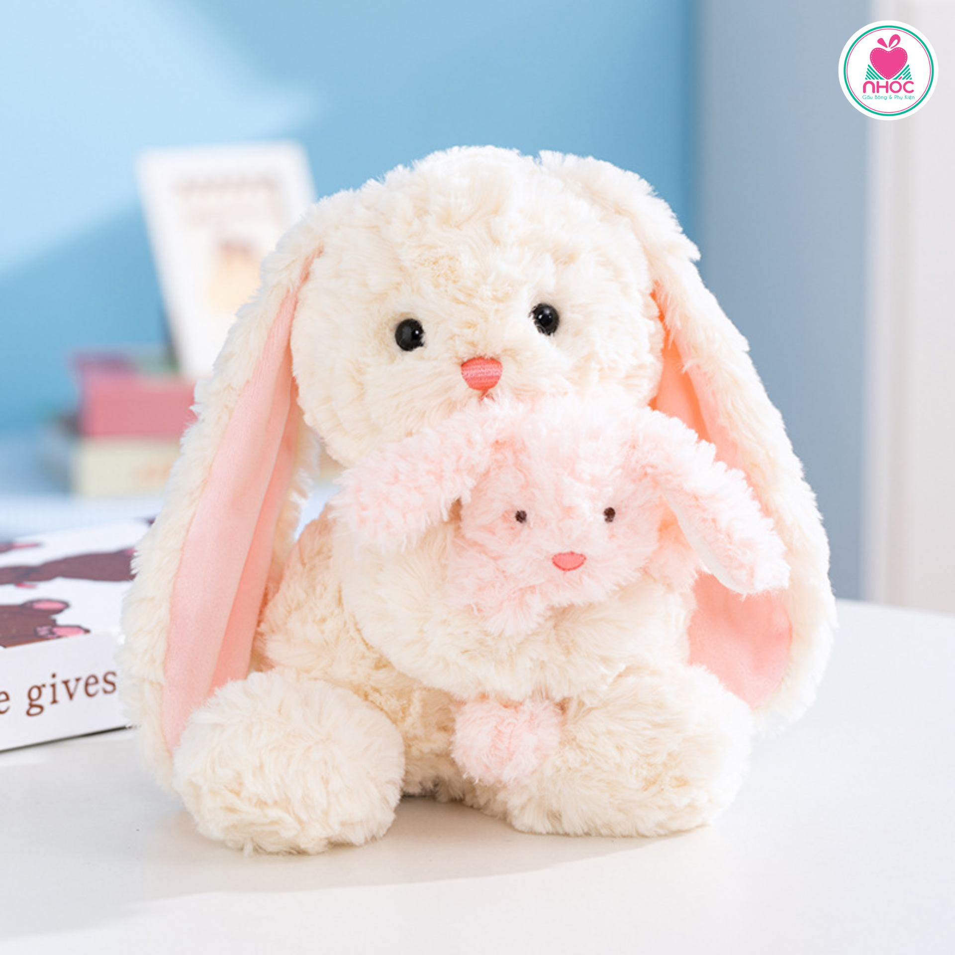 Thú bông Bunny ôm thỏ hồng lông xoắn ngồi - Kem - 3031025