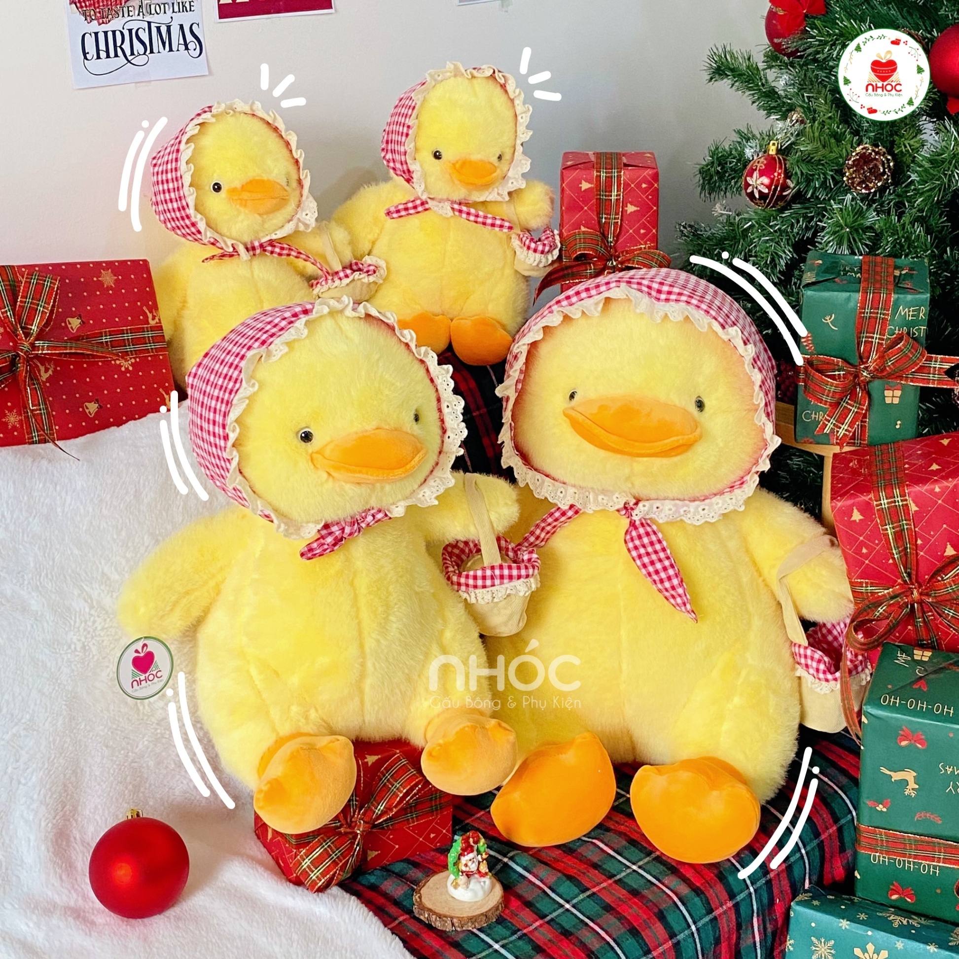 Thú bông Vịt đội khăn cầm giỏ lông xù đứng