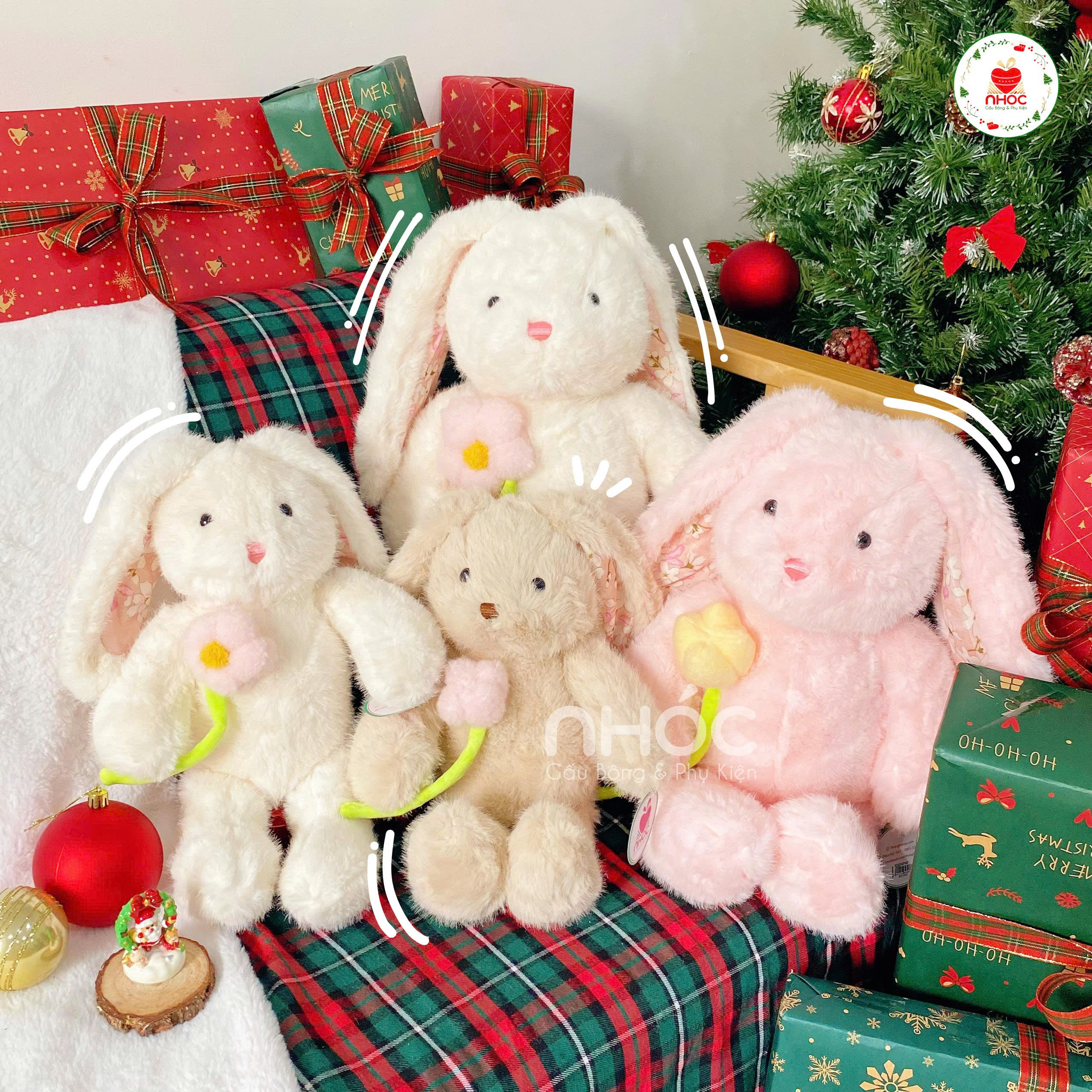 Thú bông thỏ Bunny cầm hoa lông xù ngồi