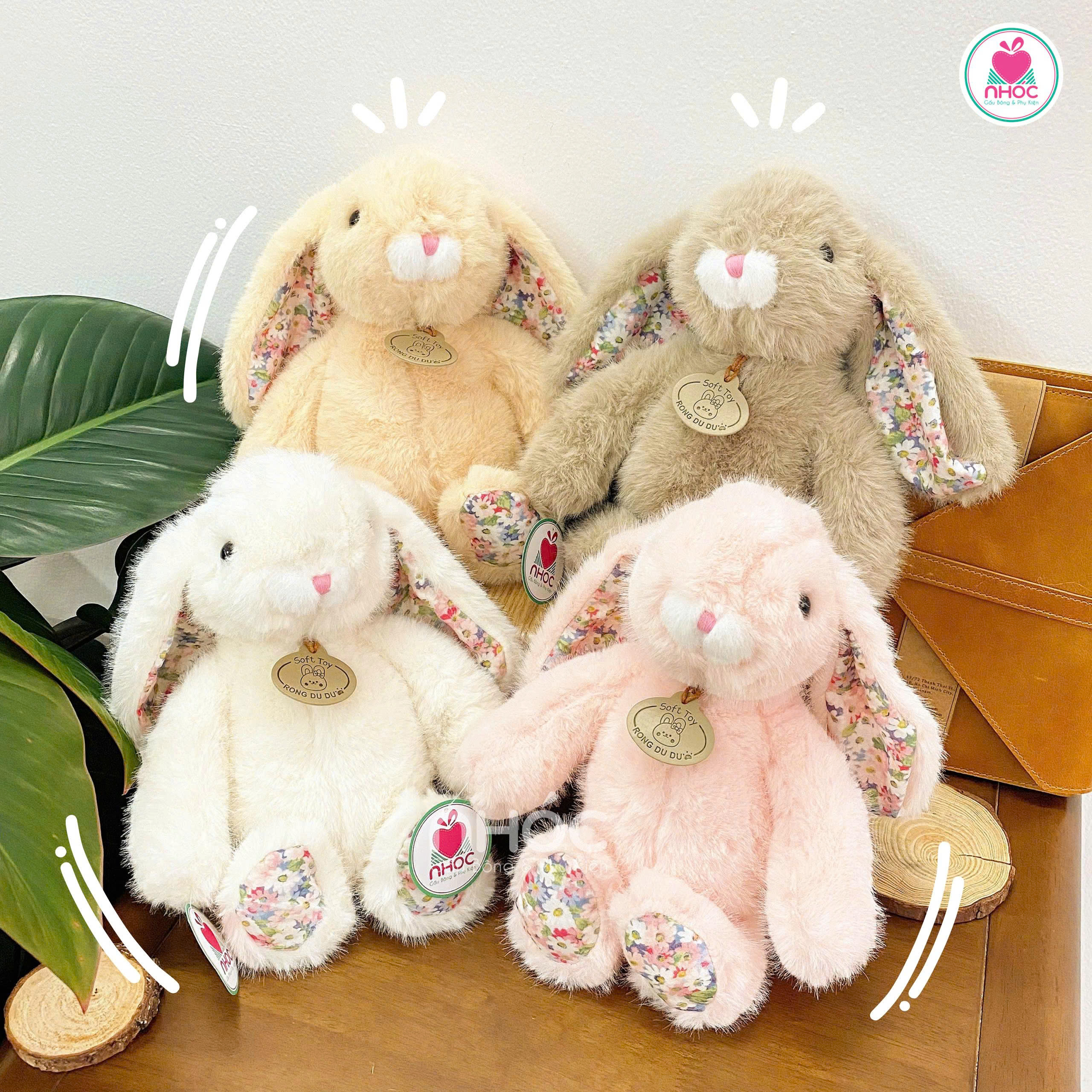 Thú bông thỏ Bunny tai thêu hoa lông xù ngồi