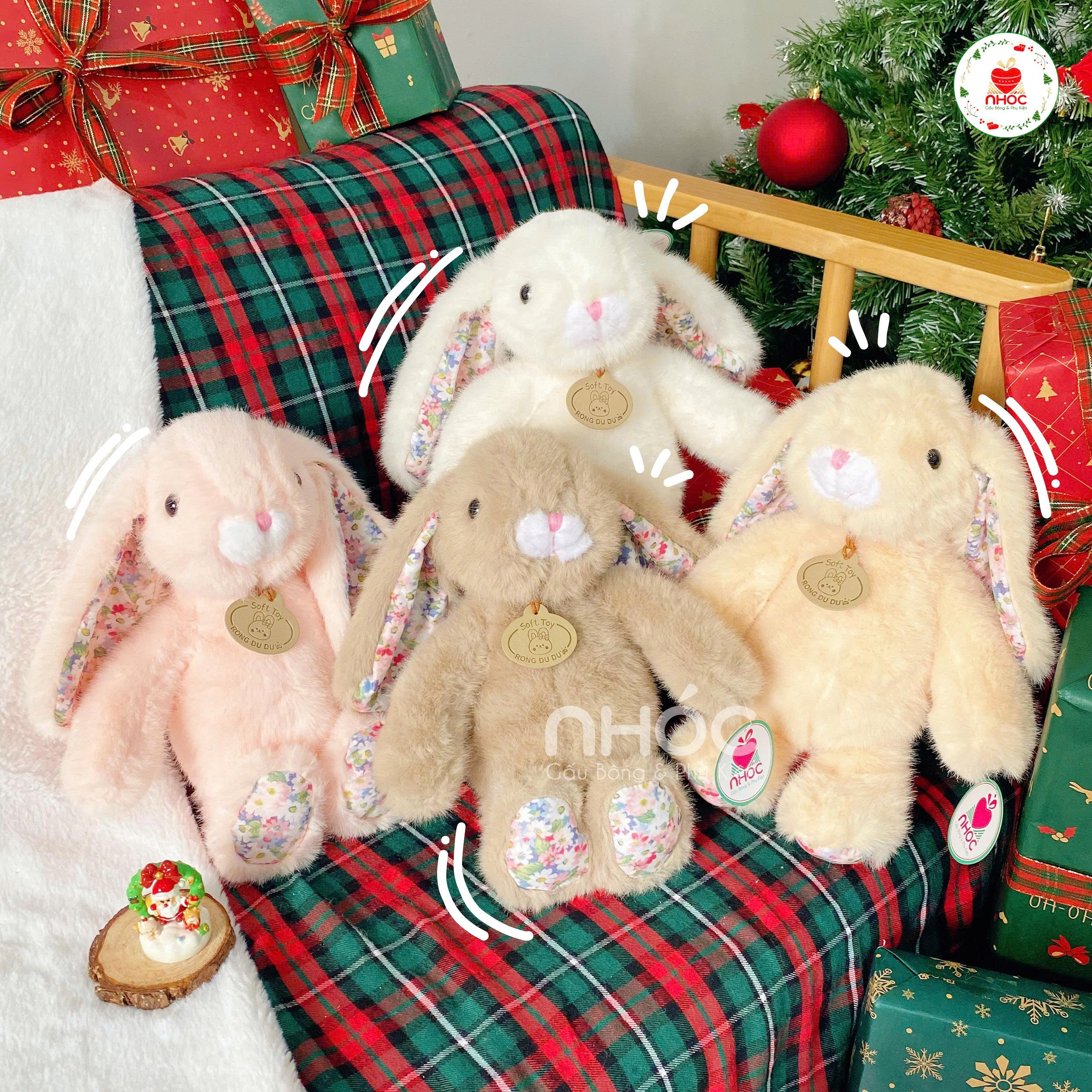 Thú bông thỏ Bunny tai thêu hoa lông xù ngồi