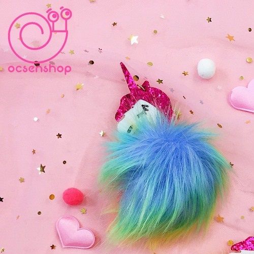 Móc khóa quả bông ombre Unicorn bờm Hồng