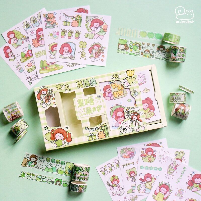 Box sticker + washitape Cô gái buộc tóc 2 bên