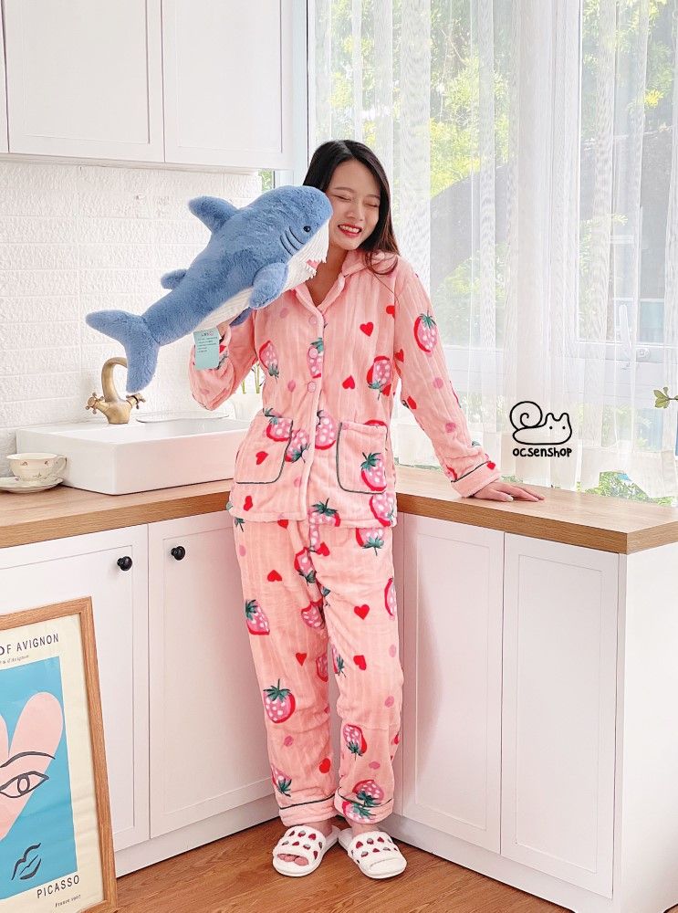 Pijama bông kẻ sọc họa tiết