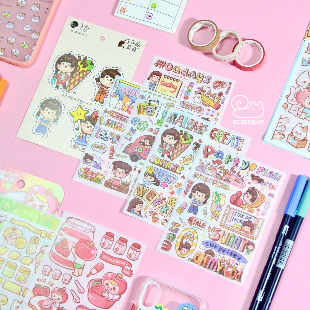 Set sticker Bé gái tóc nâu (4 tấm)