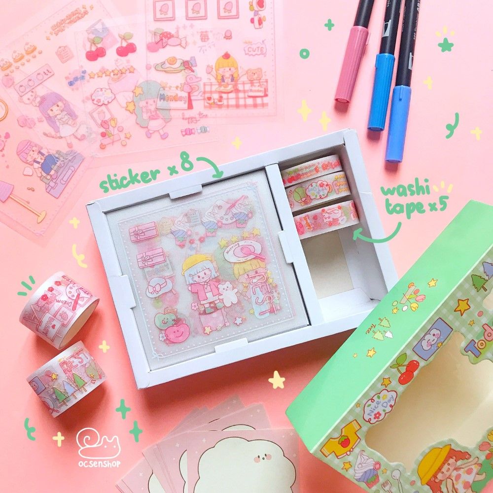 Box sticker + washitape nhũ Cô gái