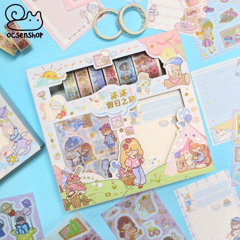 Box sticker + note + washitape Em bé & Gấu thỏ